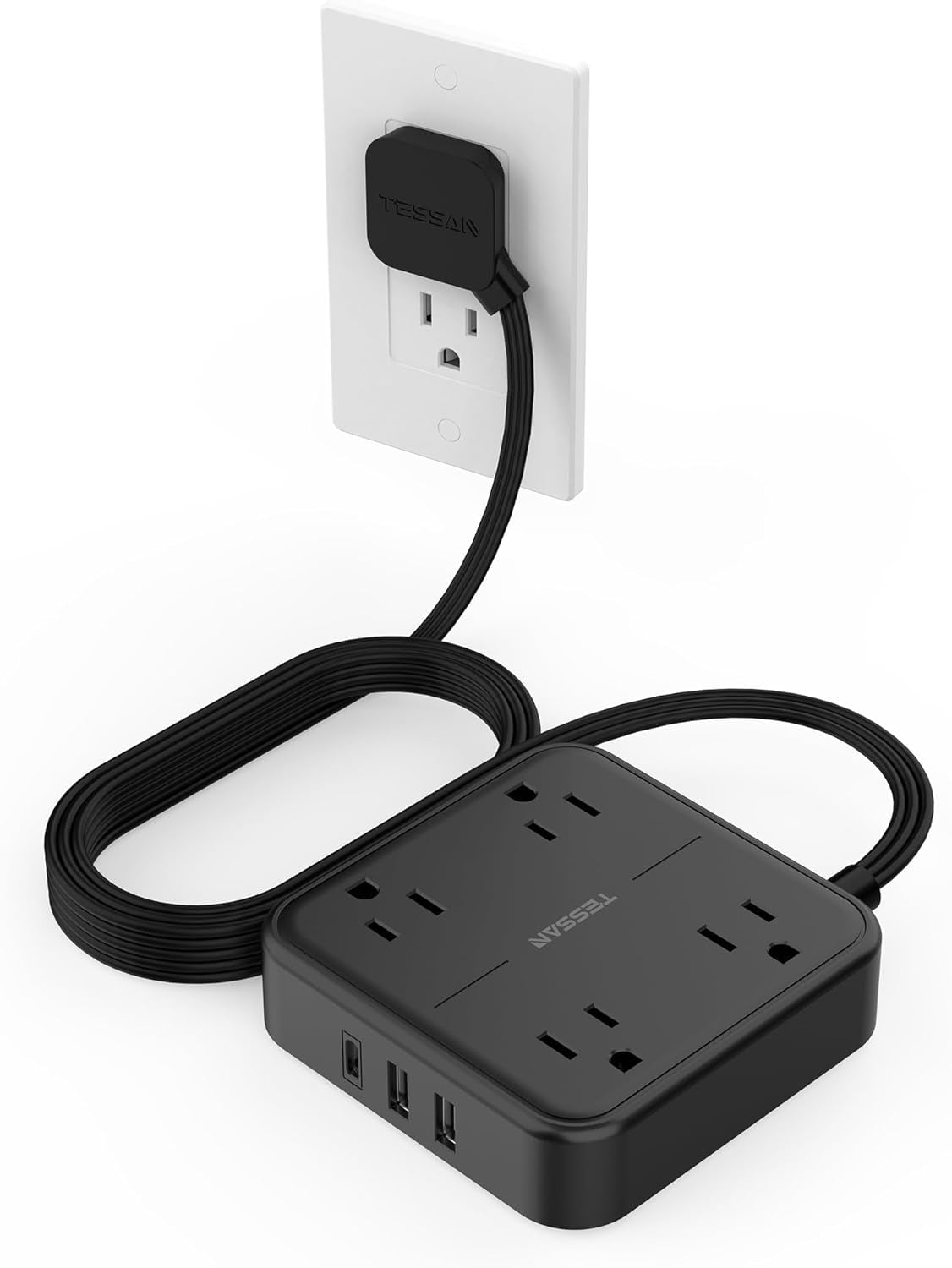 Flat Plug Power Strip with Surge Protection, 5-Foot Extension Cord, 4 Outlets and 3 USB Ports (1 USB-C), Gray