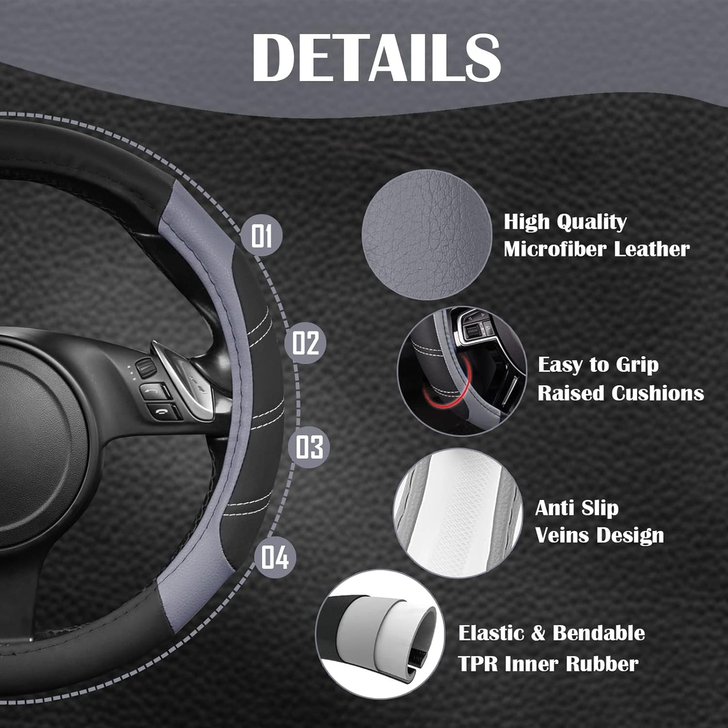 Line Rider Microfiber Leather Sport Steering Wheel Cover - Universal Fit (14.5-15 Inches) - Anti-Slip, Comfortable