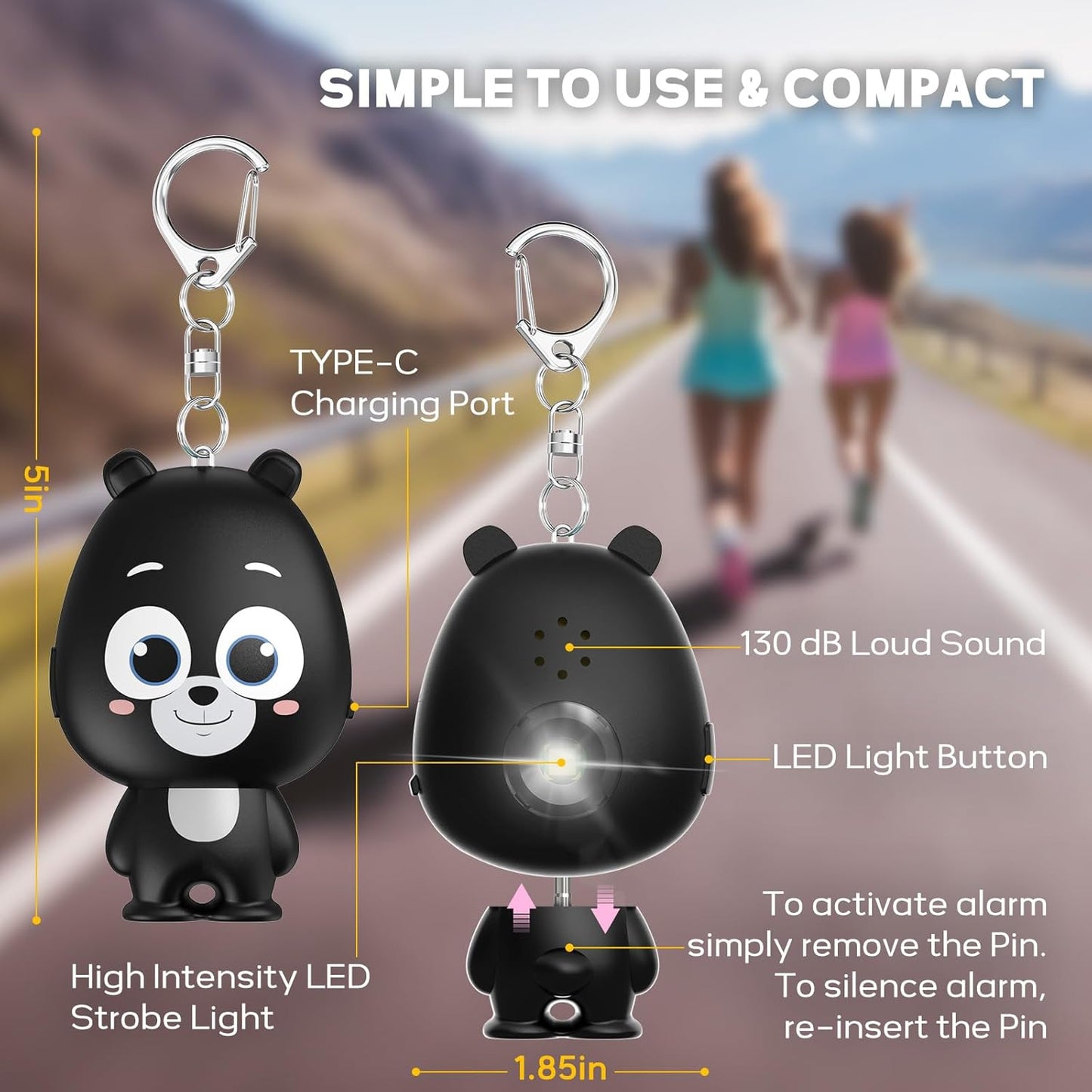 Personal Safety Alarm -Women, Children, Seniors - 130dB Siren Strobe Light, Rechargeable, Low Battery Alert - Keychain Design (Black)