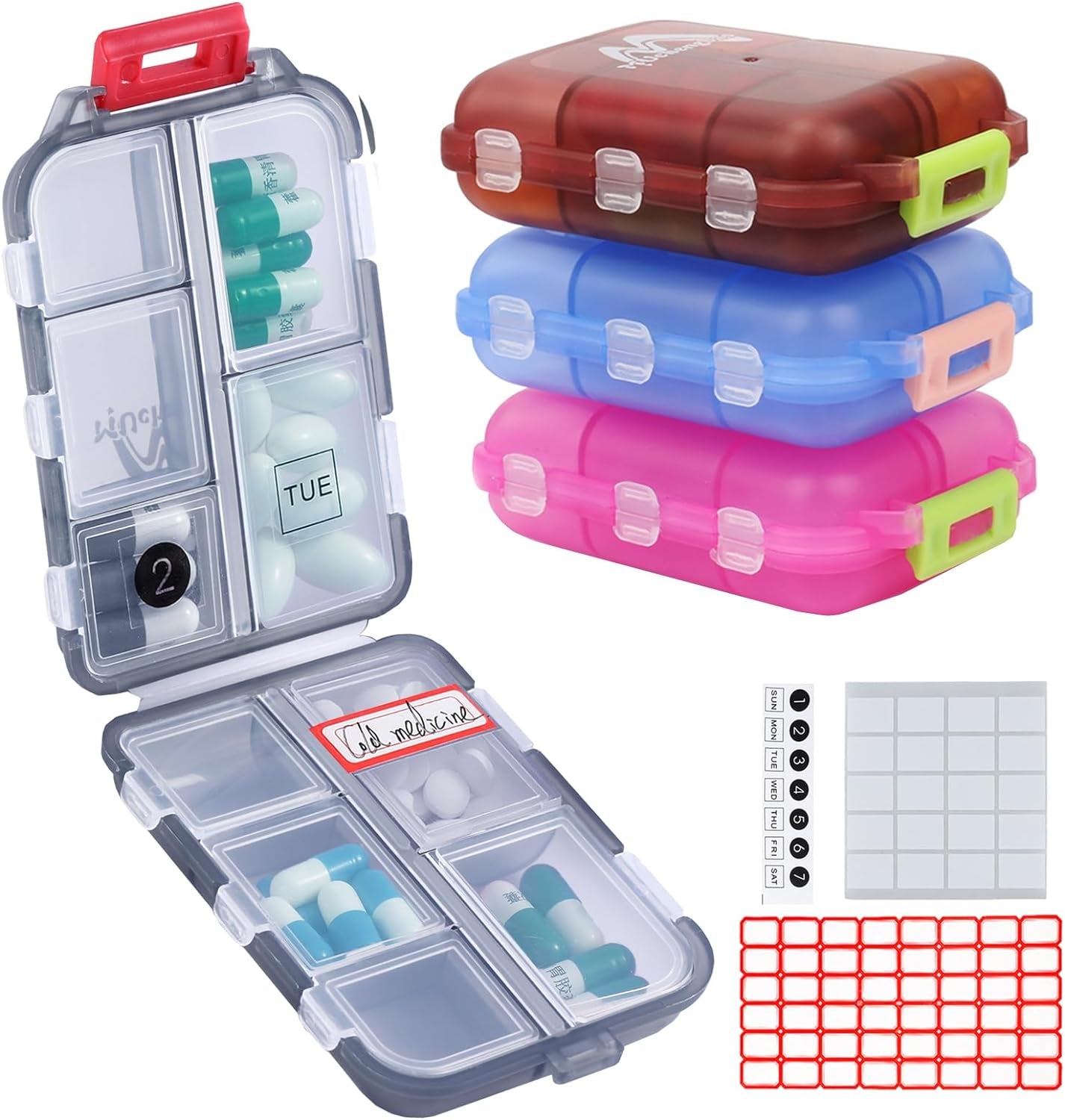 4 Pack Pill Case Portable Small Weekly Travel Pill Organizer Portable Pocket Pill Box Dispenser for Purse Vitamin Fish Oil Compartments Container Medicine Box by