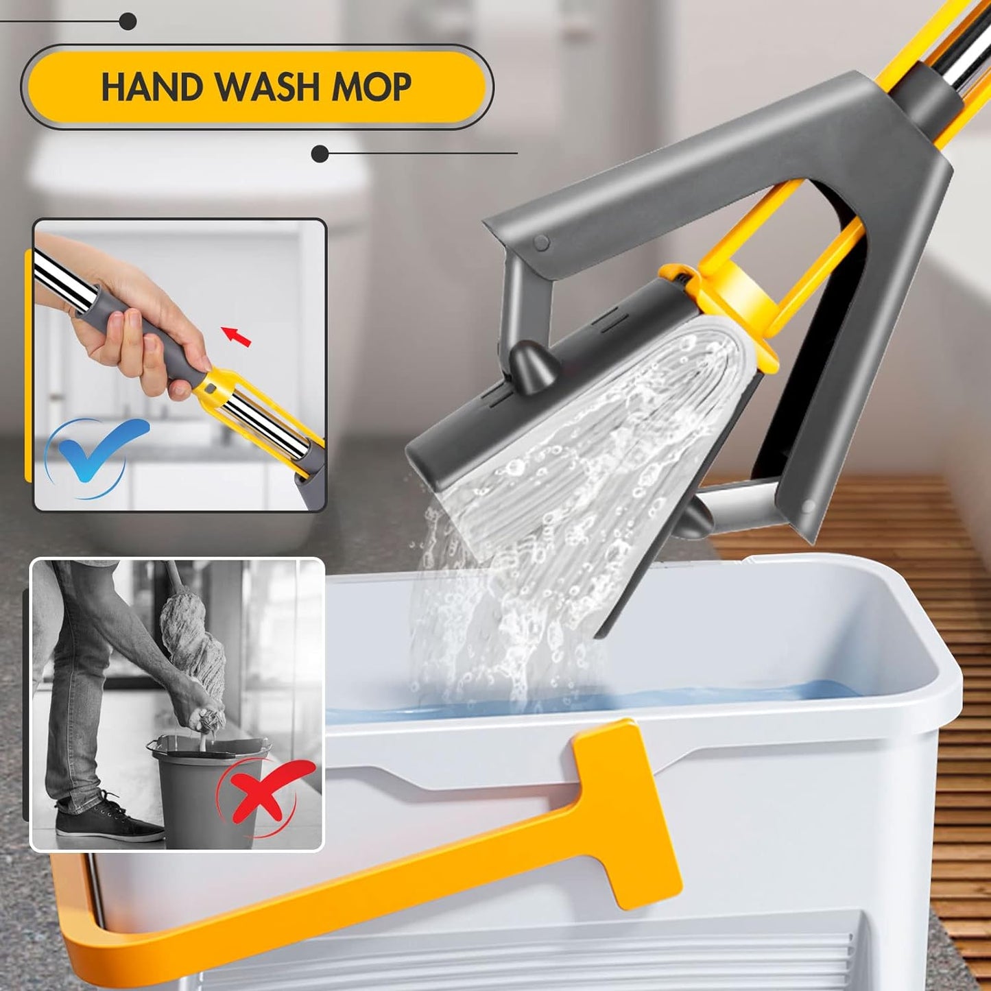 Self-Wringing Sponge Mop with Three Absorbent Heads and 50-Inch Handle for Effortless Cleaning of Hardwood, Laminate, Tile, and Marble Floors