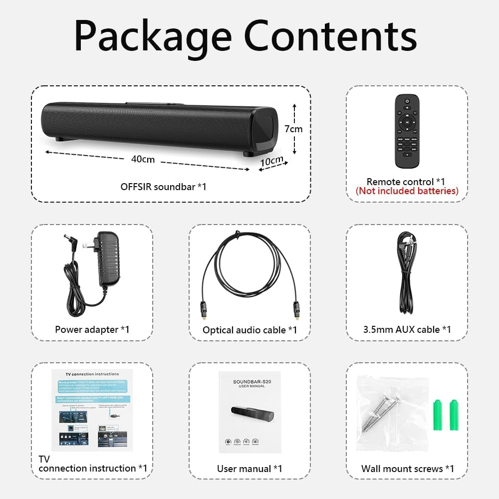 16-Inch Bluetooth Sound Bar for TV - 50W Home Audio Speaker - Subwoofer, Bass & Surround Sound, Wall Mountable - Aux/HDMI/Optical/USB - 3EQs