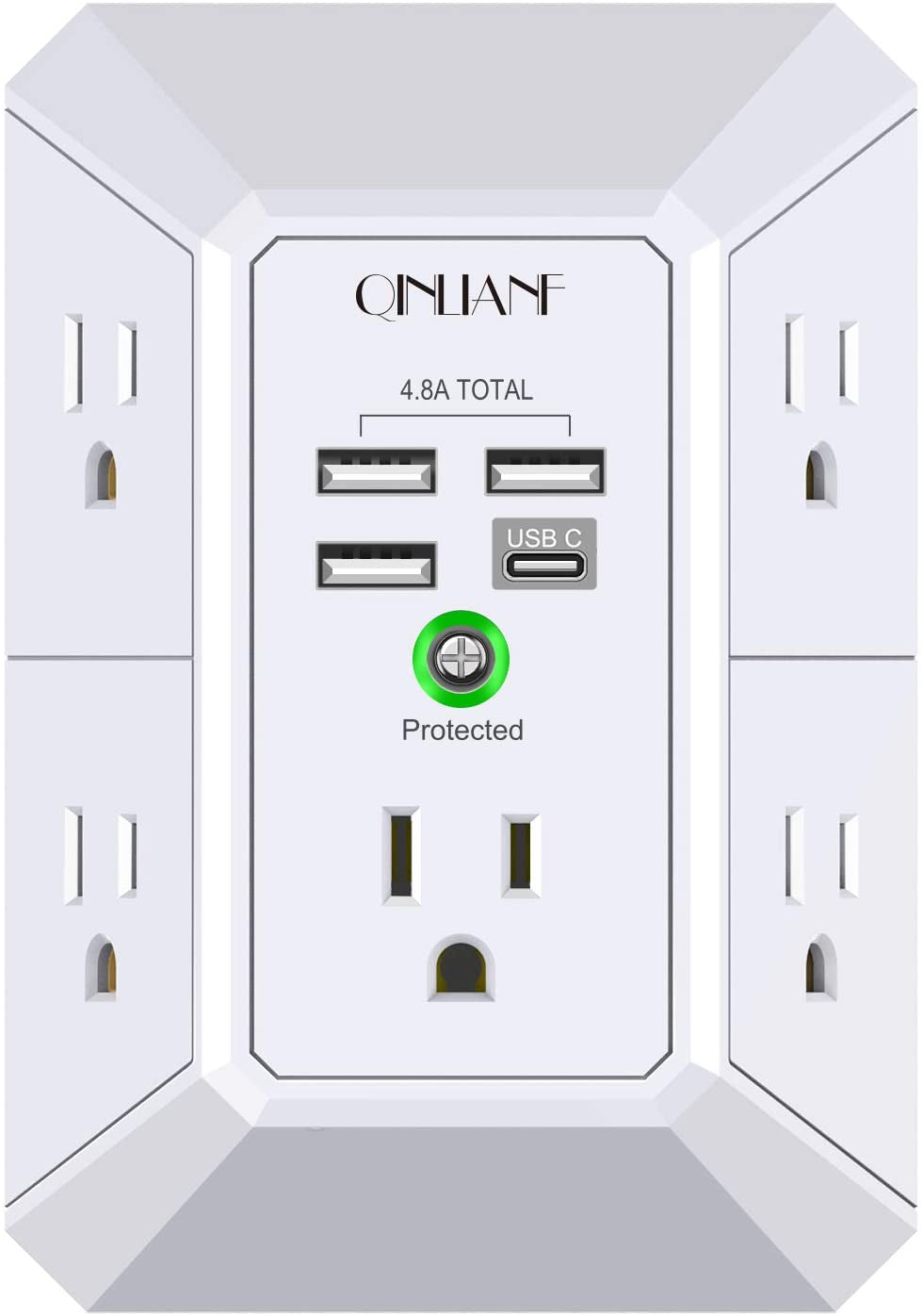 Wall Charger and Surge Protector, 5-Outlet Extender with 4 USB Charging Ports (4.8A Total), 3-Sided Power Strip with 1680J Surge Protection