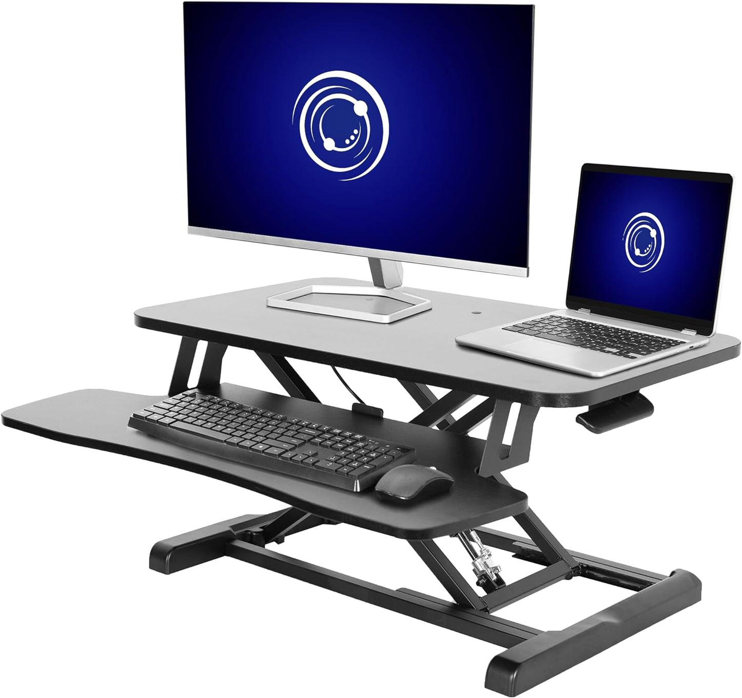 81Cm Height Adjustable Desk Converter - Sit to Stand Riser for Dual Monitors and Laptops with Wide Keyboard Tray, Black