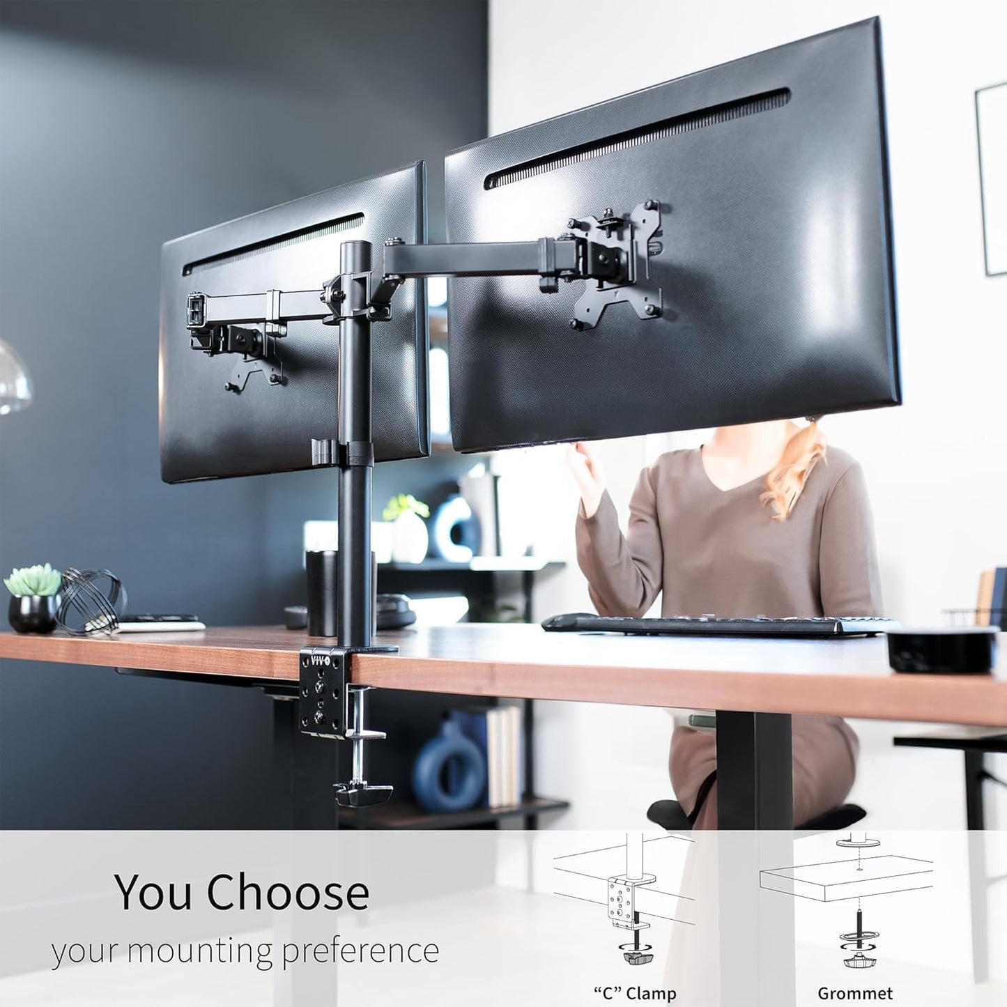 Dual Monitor Desk Mount, Heavy Duty Fully Adjustable Stand, Fits 2 LCD LED Screens up to 30 Inches, Black, STAND-V002