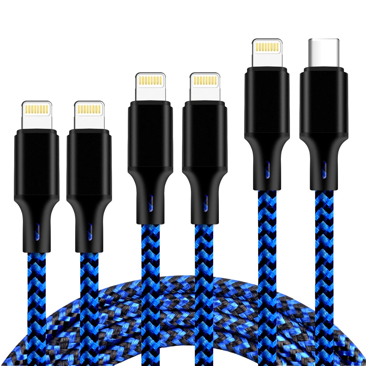 Iphone Charger, 5 Pack 3/3/6/6/10FT Apple Mfi Certified USB Lightning Cable Nylon Braided Fast Charging Cord Compatible for Iphone - Black