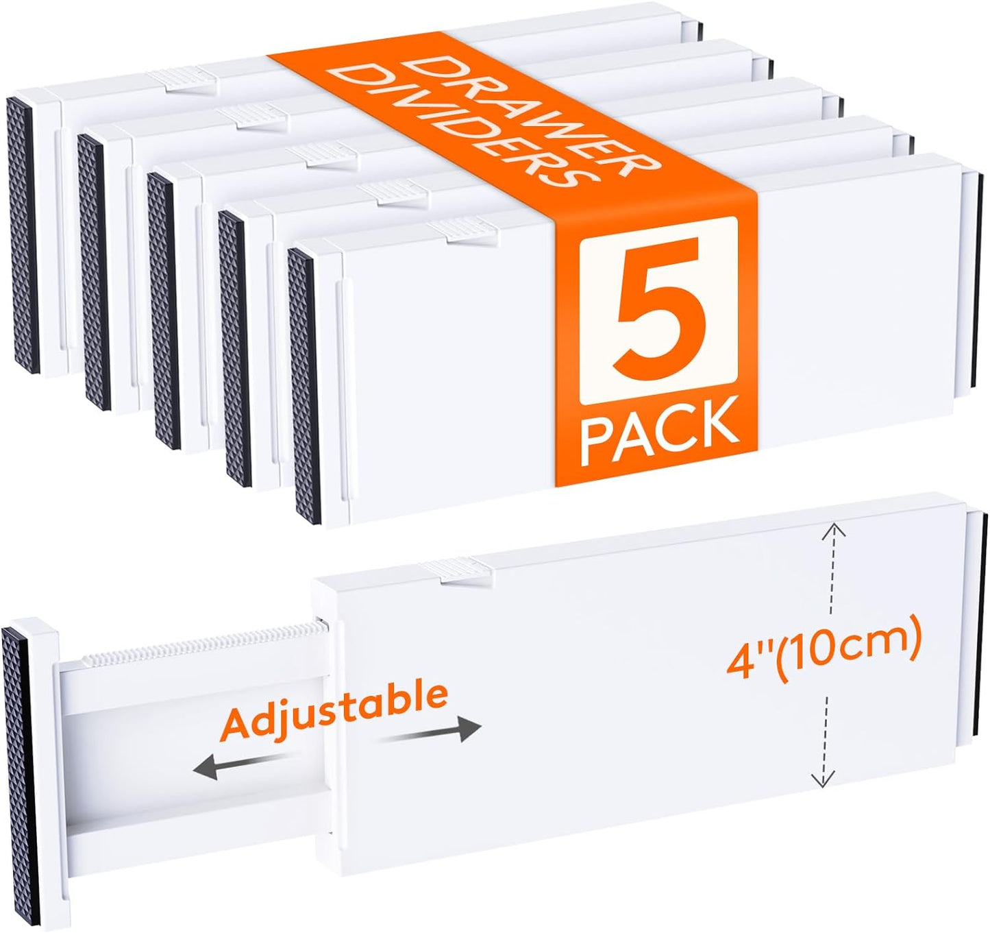 5 Pack Drawer Dividers Plastic 4" High, 11-17" Adjustable Closet Vanity Organizers - Expandable Separators - Storage