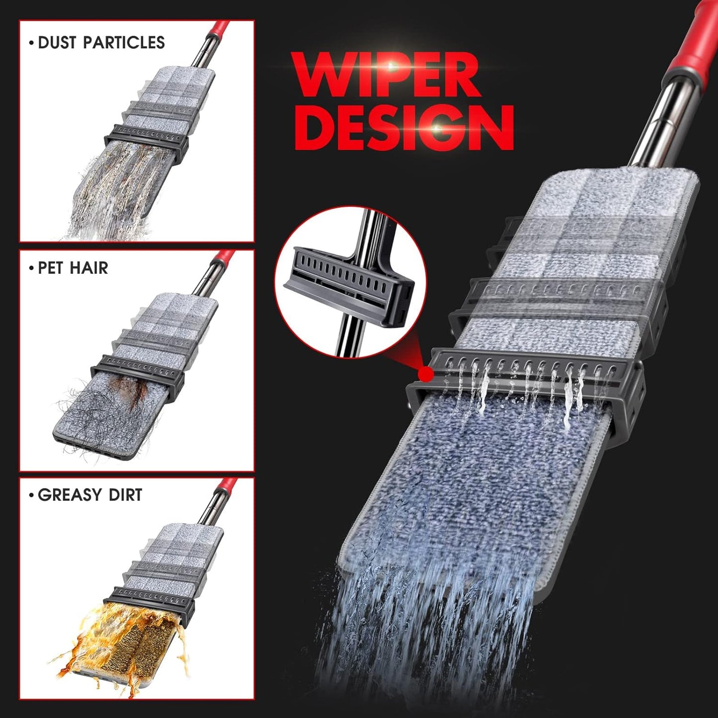 Self-Wringing Microfiber Flat Mop with 6 Washable Pads - Hands-Free Cleaning Solution for Hardwood, Laminate, and Tile Floors - Grey