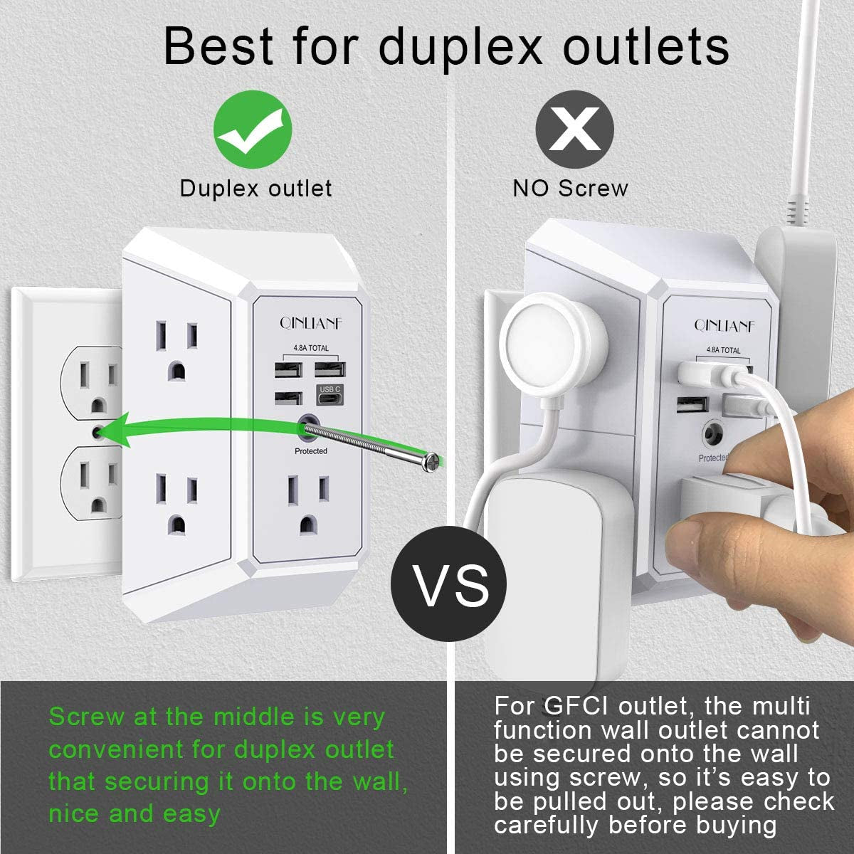 Wall Charger and Surge Protector, 5-Outlet Extender with 4 USB Charging Ports (4.8A Total), 3-Sided Power Strip with 1680J Surge Protection