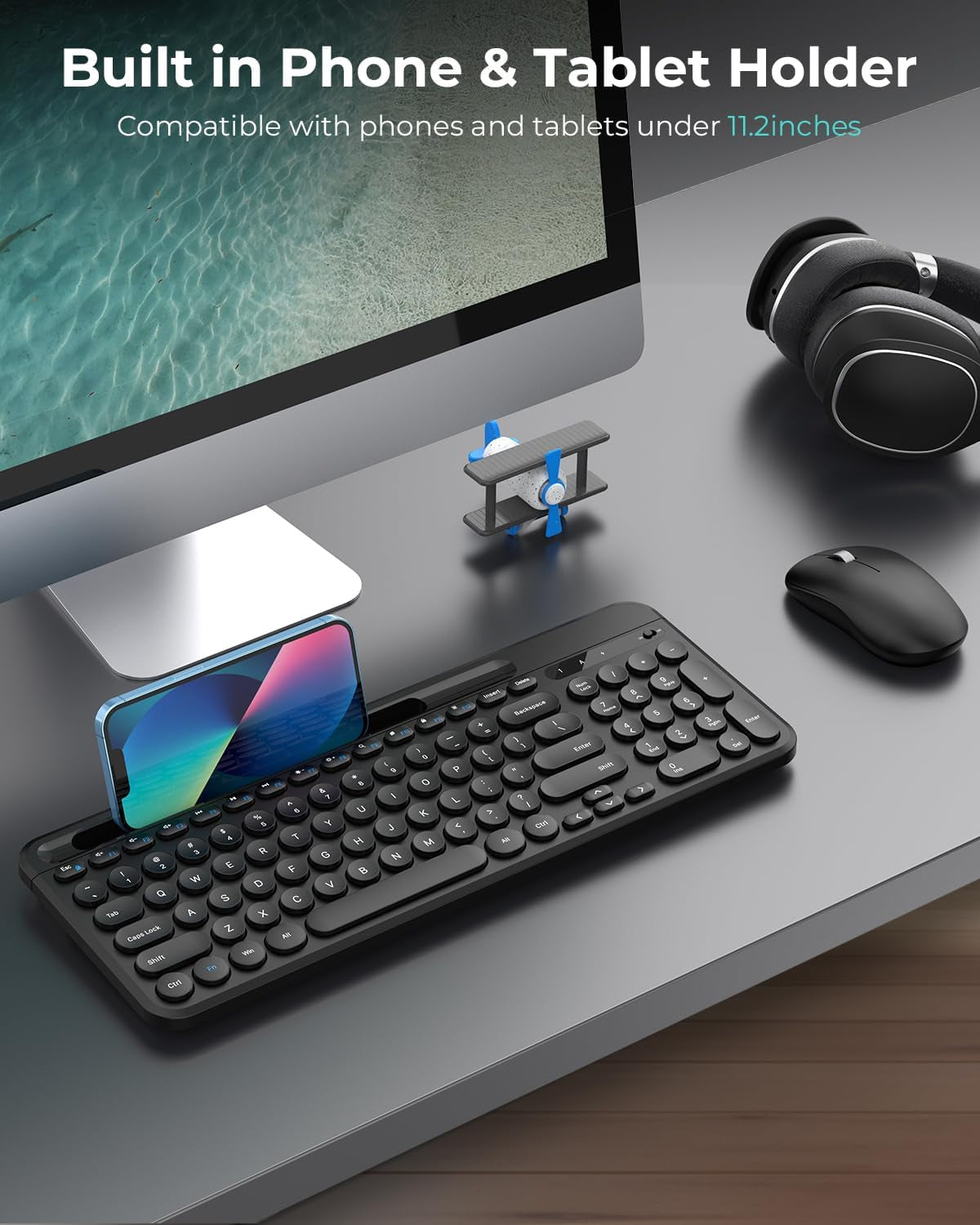 Wireless Keyboard and Mouse Set, 2.4G Quiet Typing Keyboard with Tablet and Phone Holder, 12 Multimedia Hotkeys, Silent Click Mouse, 36-Month Battery Life for PC, Mac, and Laptop (Black)