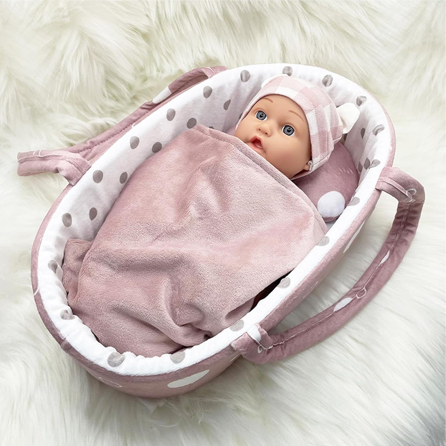 12-Inch Baby Doll Set with Clothing, Bassinet, Hat, Pillow, Blanket, and Pacifier