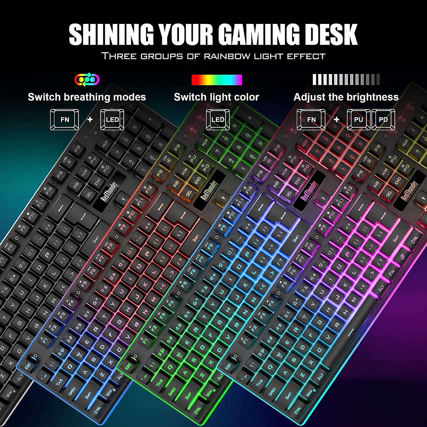Wireless Gaming Keyboard and Mouse Set with LED Backlighting, Rechargeable 3800mAh Battery, Mechanical Feel (Black)