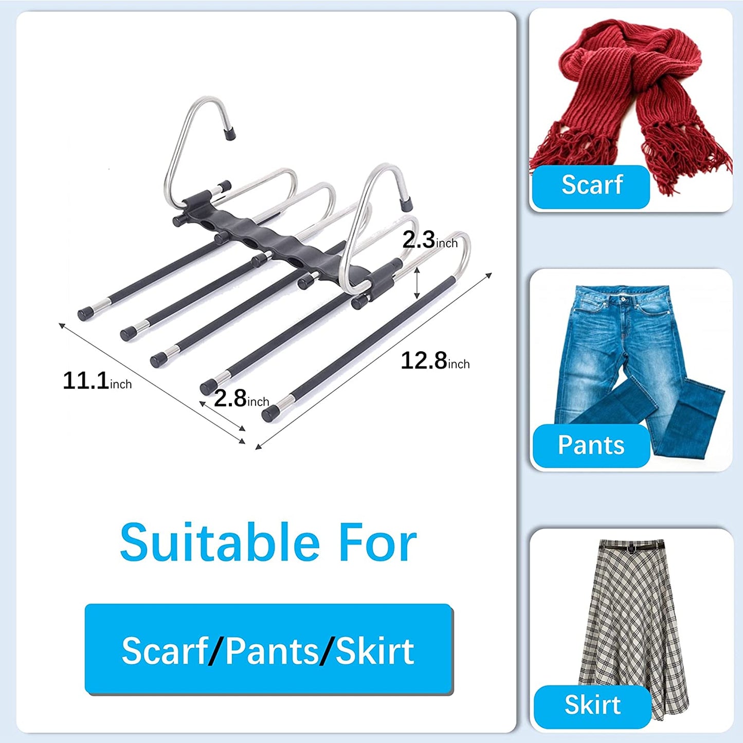 Space-Saving Magic Pants Hangers - 2-Pack Multi-Layer Rack Organizer - Trousers, Scarves, and Slacks Qty 10 Clips
