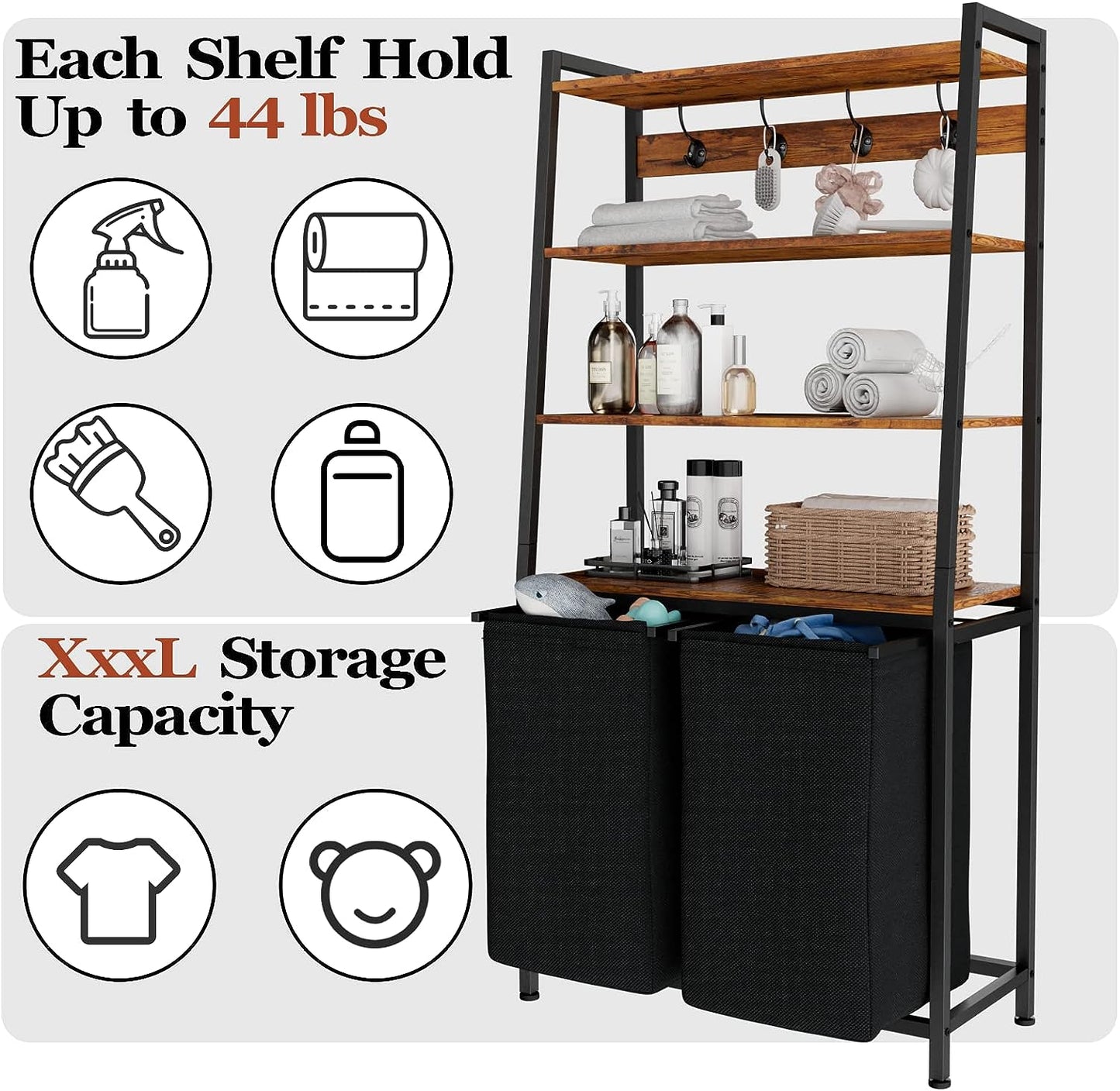 4 Tiers Laundry Hamper with Shelf and Hooks, Tall Laundry Basket Sorter with 2 Removable Laundry Bags, Ladder Shelves with Clothes Hamper for Laundry Room Bathroom Bedroom