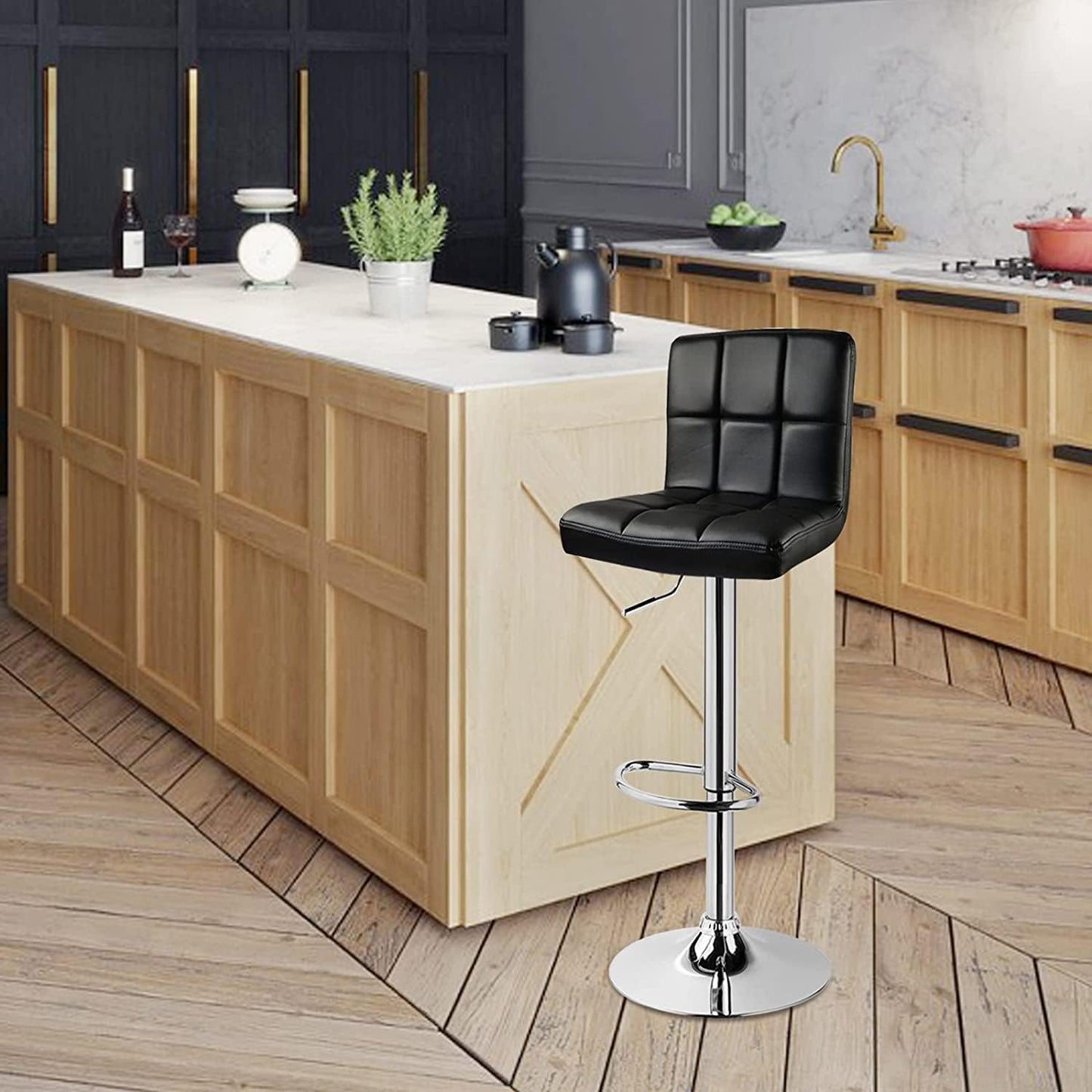 Set of 2 Adjustable Height Swivel Bar Stools in Black Bonded Leather with Backrest and Stability Features