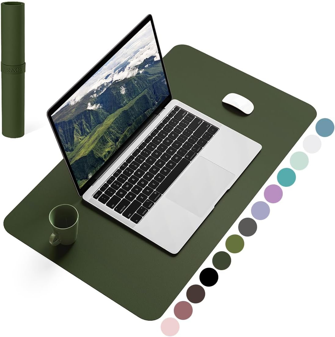 Non-Slip Waterproof PVC Leather Desk Pad, Ultra-Thin Large Mouse Pad, Easy-Clean Writing Mat (Olive Green, 31.5" x 15.7")
