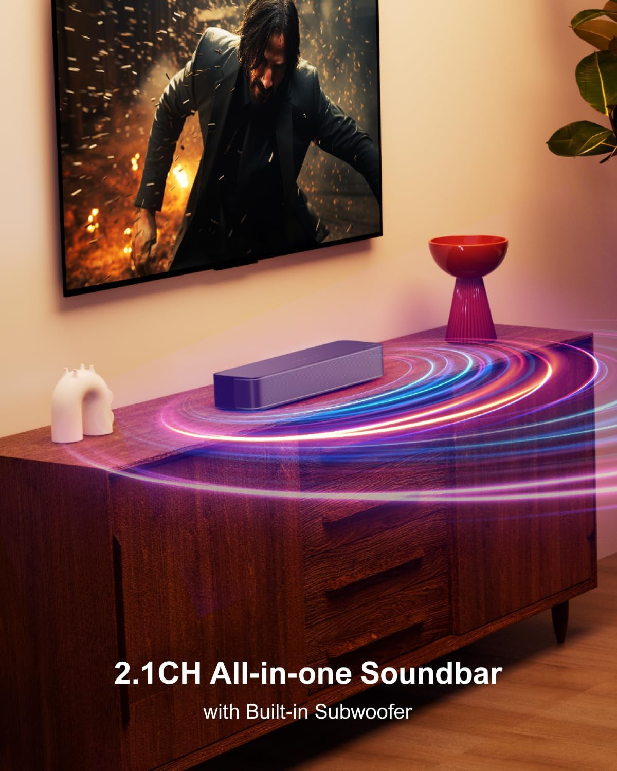 2.1 Channel Sound Bar with Built-In Subwoofer, APP Control, 120W Peak Power, Bluetooth 5.3, Multi-Connection Options, Wall Mountable