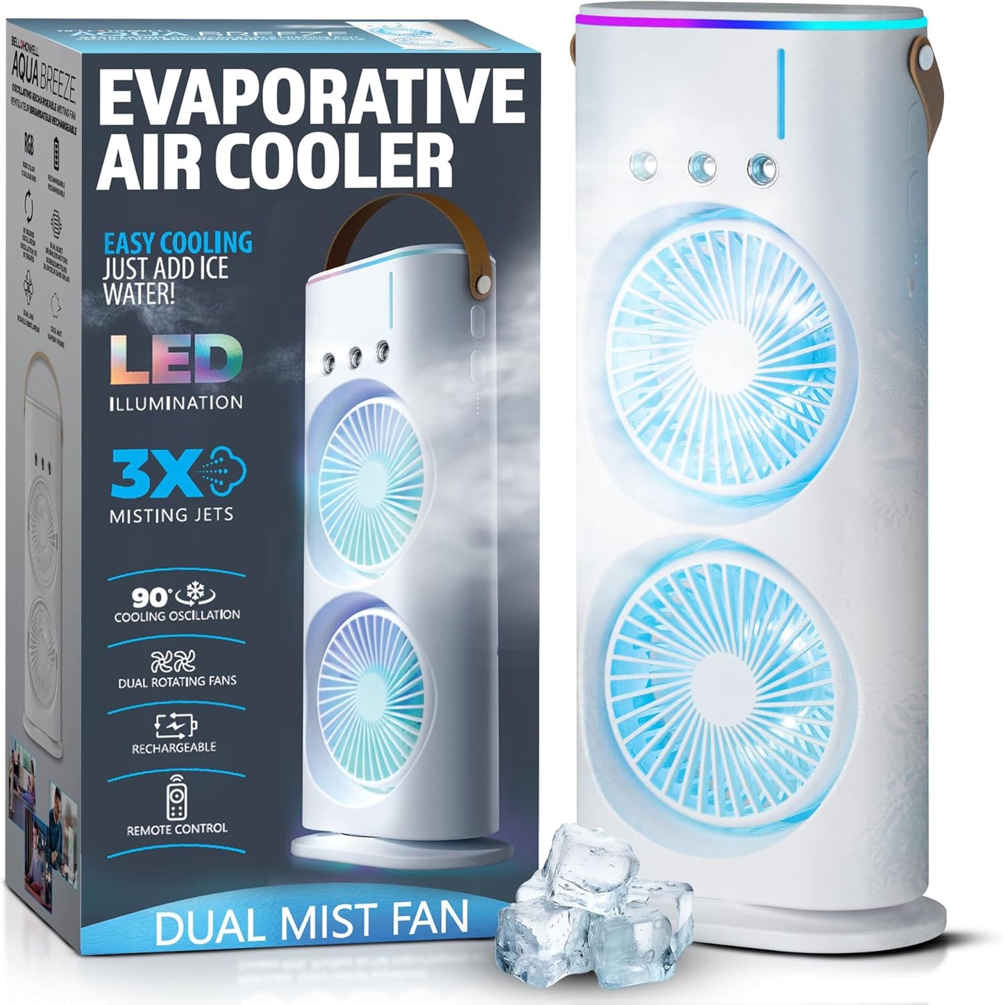 Aqua Air Portable Air Conditioner: Dual Mist Rechargeable Oscillating Evaporative Cooler Fan for Travel, Standing and Desk Use