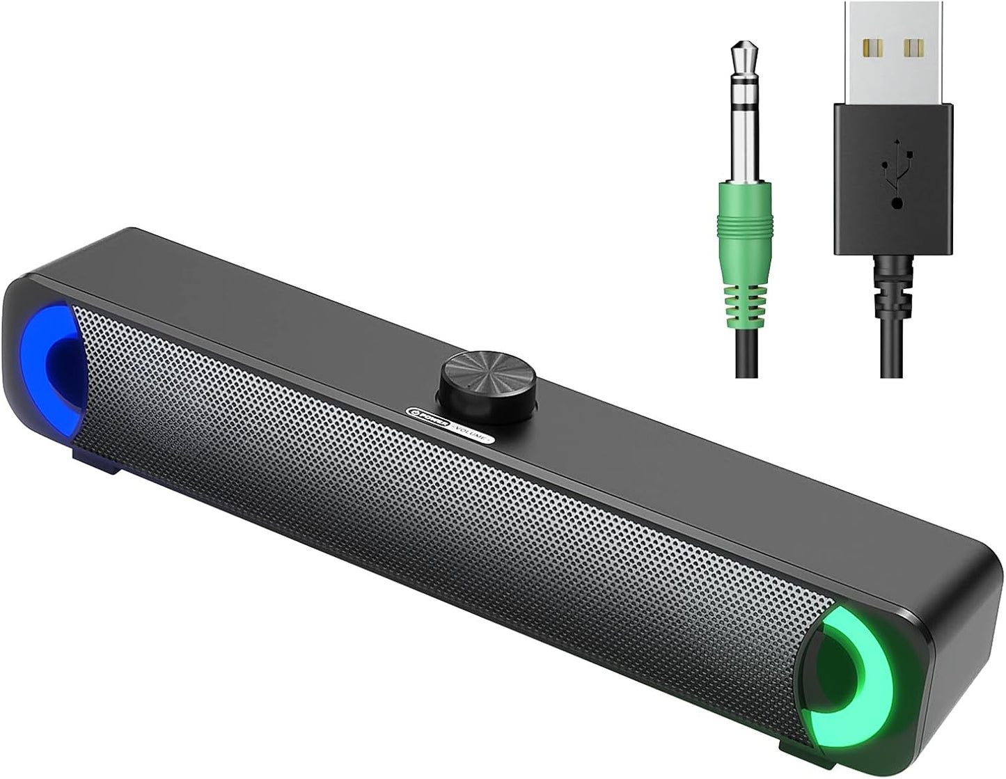 Wired USB Computer Speakers with RGB Lighting - External Sound Bar for Desktop and Laptop with 3.5mm AUX Connection, Plug and Play