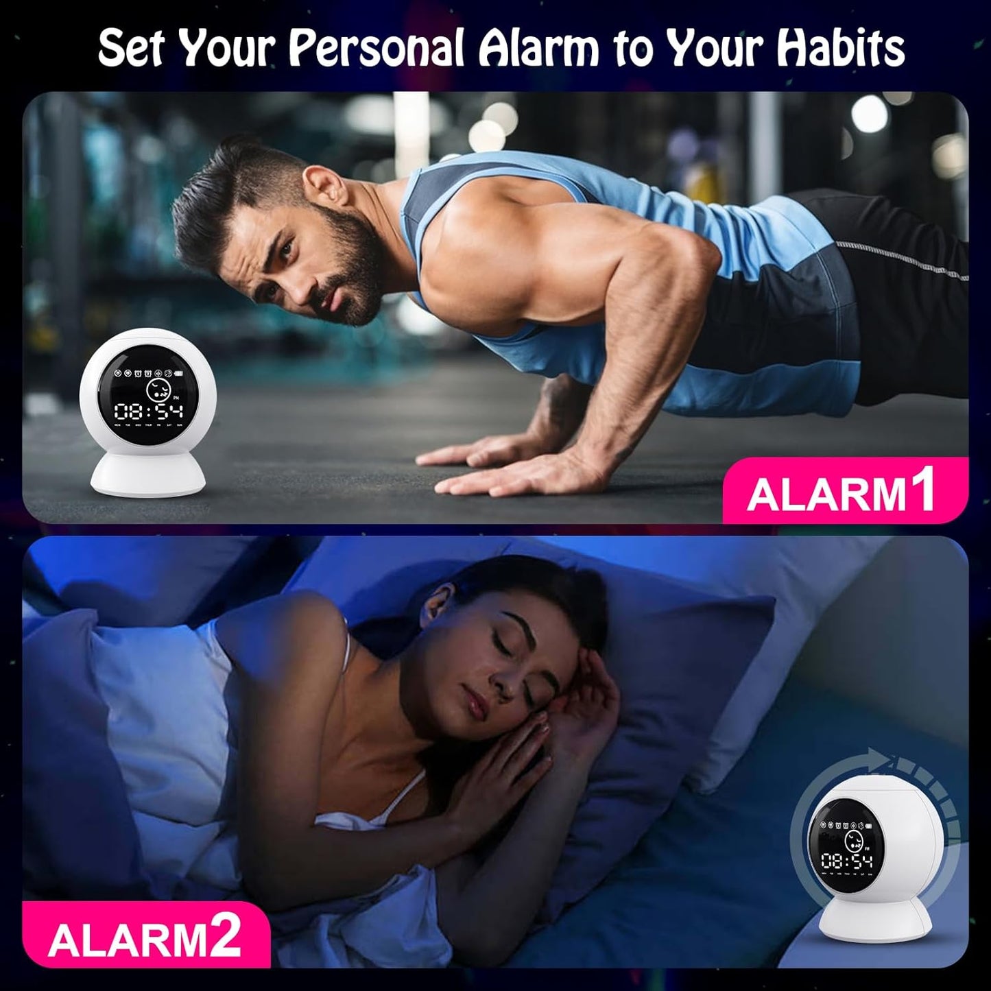 LED Star Projector Alarm Clock - Bluetooth Speaker, White Noise, Timer, Remote Control - Rechargeable Galaxy Night Light