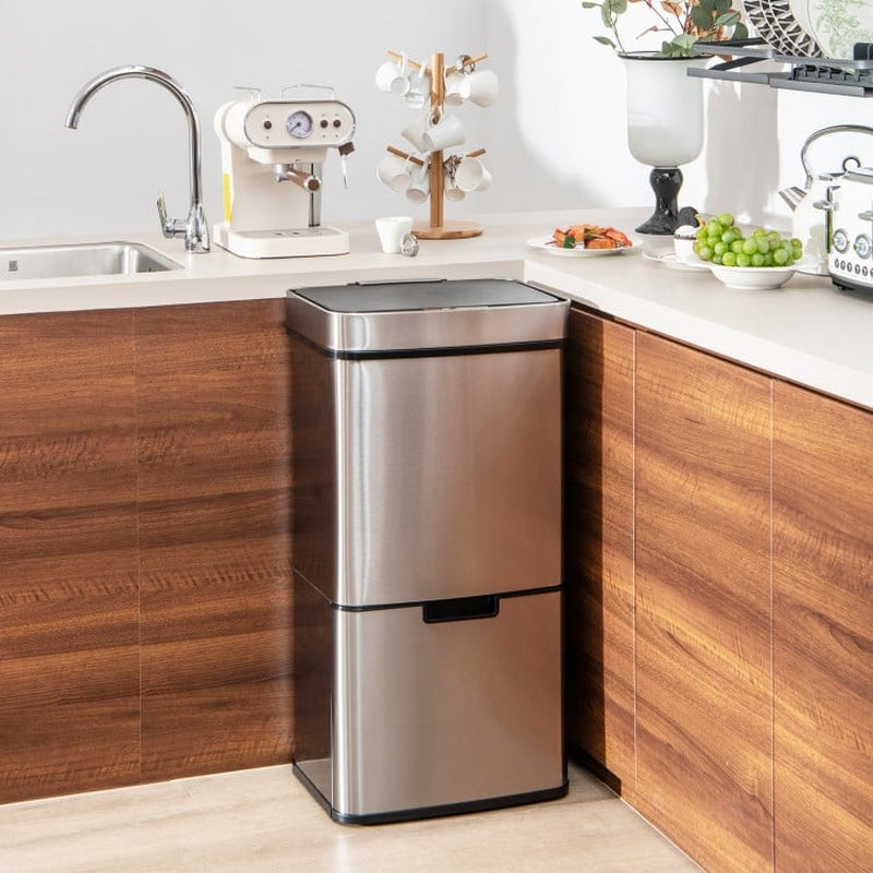 19-Gallon Stainless Steel Trash Can with Integrated Kitchen Waste Bin and Dual Bottom Recycling Compartments