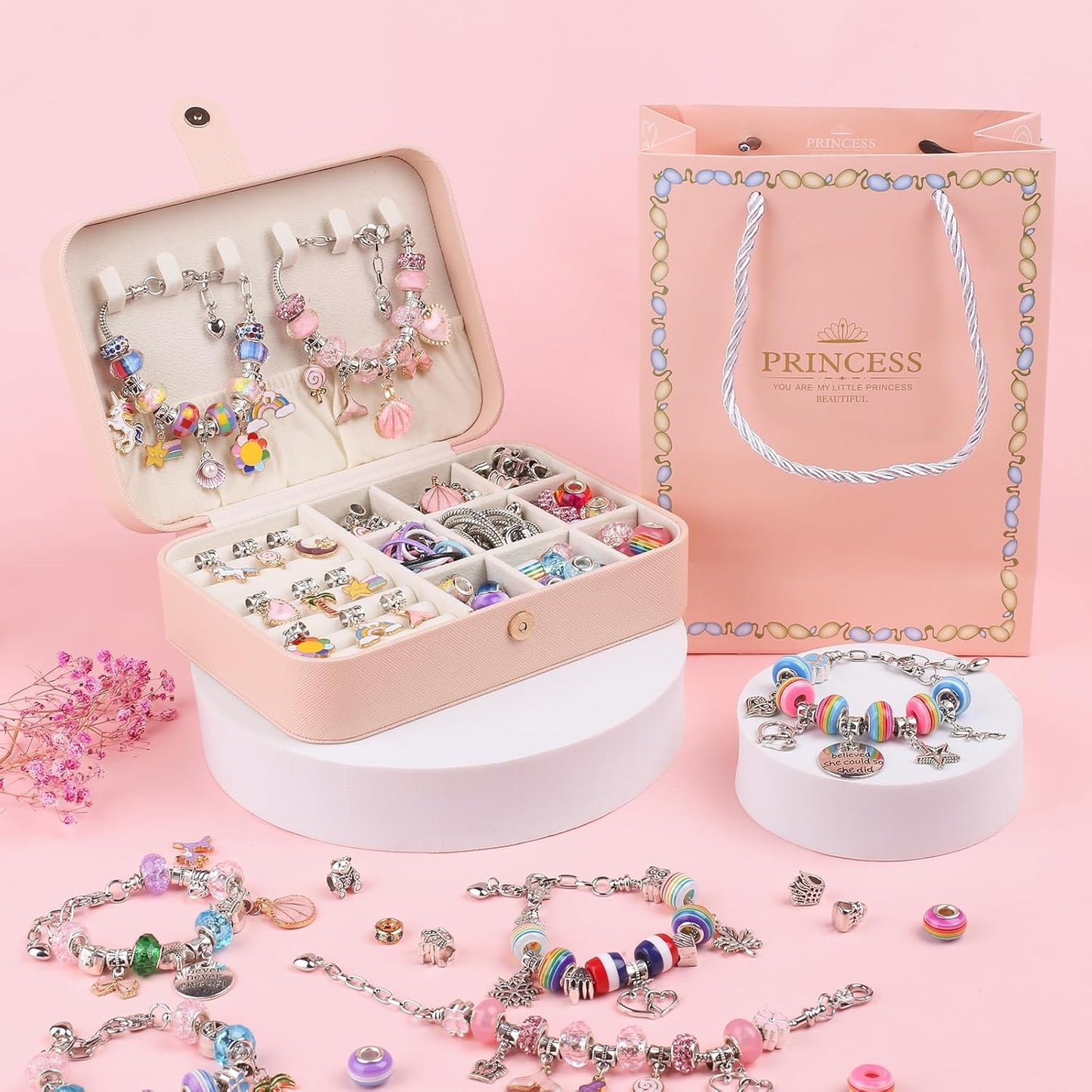Charm Bracelet Making Kit - Girls 120 Pcs DIY Beaded Jewelry Making Kit, Unicorn & Mermaid Gifts for Girls Toys Crafts for Teen Girls Ages 5 6 7 8-12, with a Portable Bracelet Organizer Box