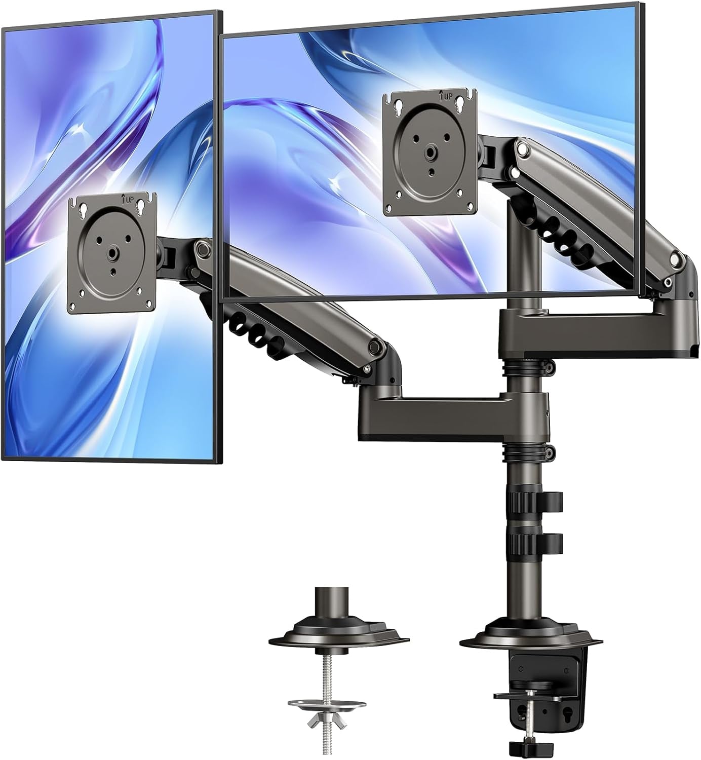 Dual Monitor Stand - Height Adjustable Gas Spring Double Arm Monitor Mount Desk Stand Fit Two 13 to 32 Inch Screens with Clamp, Grommet Mounting Base, Each Arm Hold up to 20Lbs