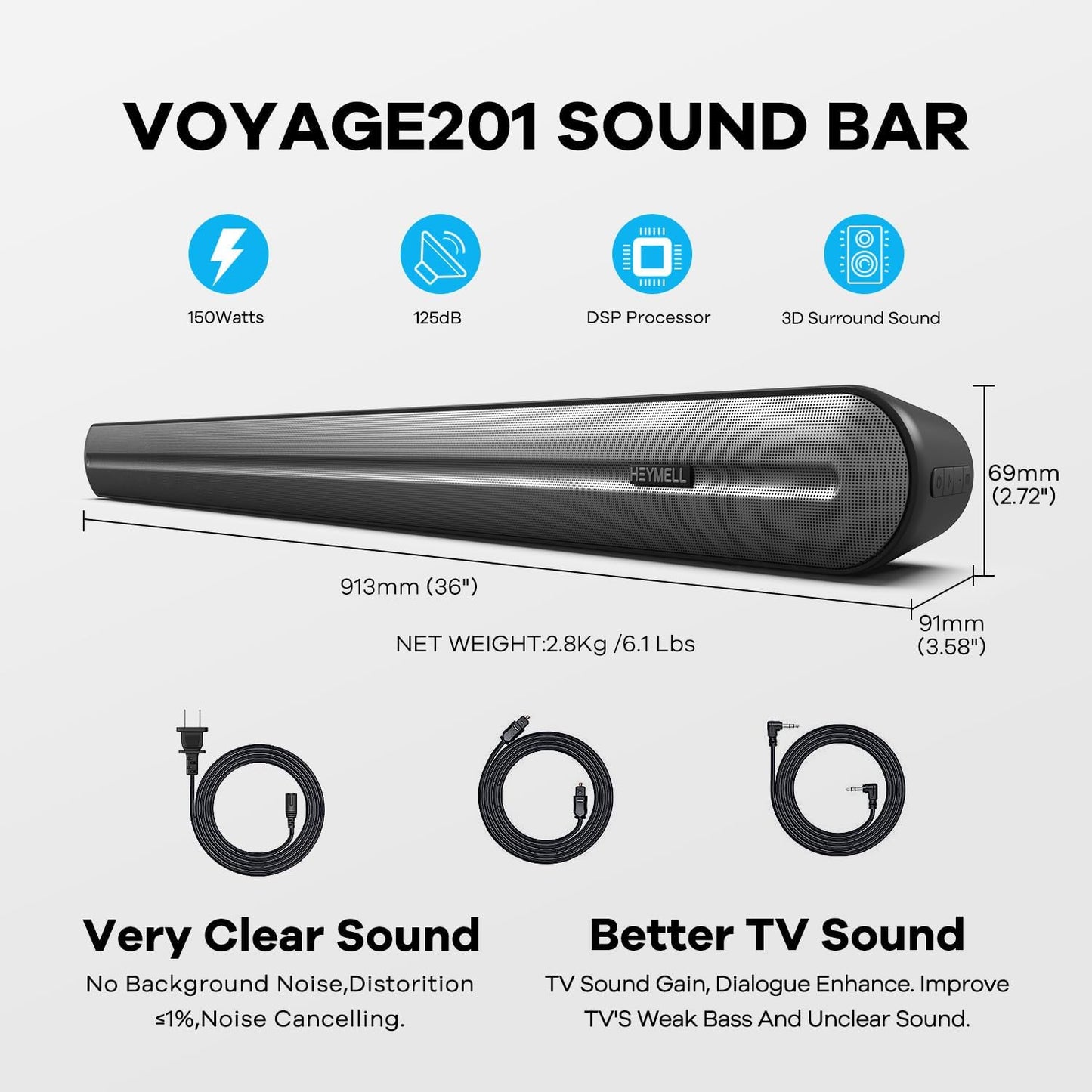150W Bluetooth Sound Bar with Built-In Subwoofer, 36-Inch TV Speaker, Distortion-Free Clear Sound, DSP Technology, 3D Surround Sound, HDMI ARC, Optical, Coaxial, AUX Connectivity