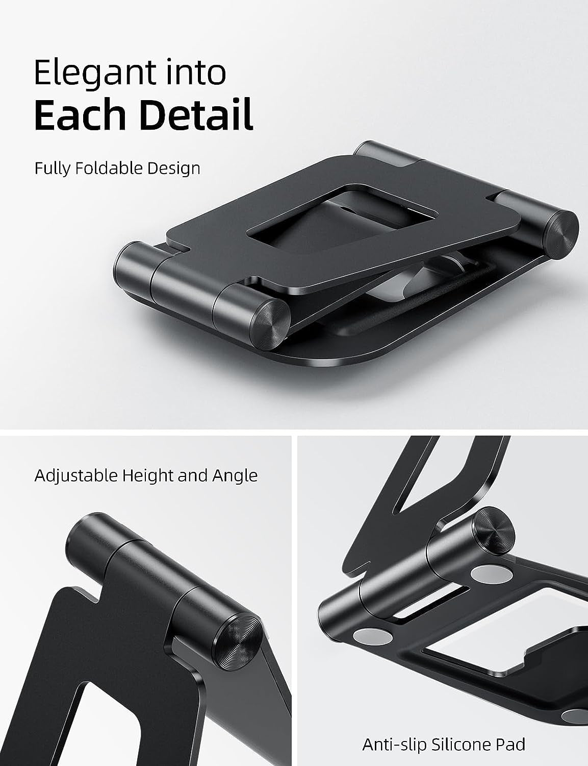 Aluminum Dual-Foldable iPad Stand - Fully Adjustable Desktop Tablet Holder for 4-11" Mobile Devices, Compatible with iPad Pro/Air/Mini, iPhone Pro/Max/Plus, and Kindle - Black