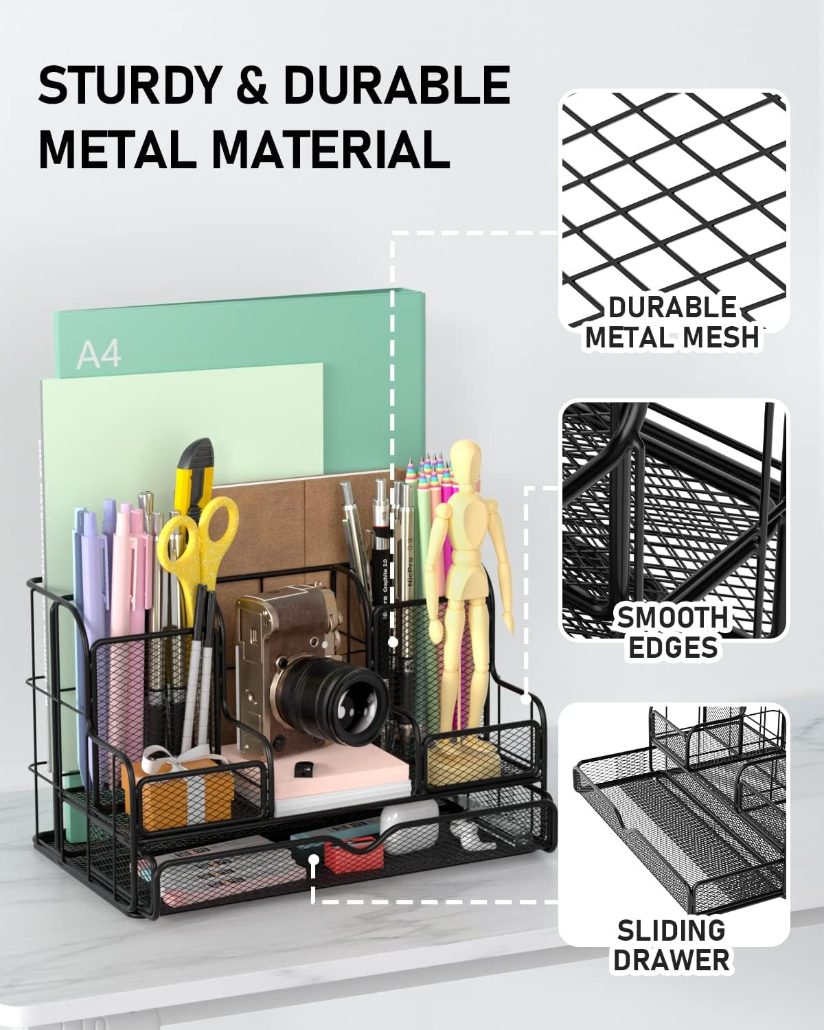 Black Mesh Desktop Organizer Set with Drawers, Pen and Phone Holders, 72 Paper Clips, and Office Supply Caddy for Home and Office Use