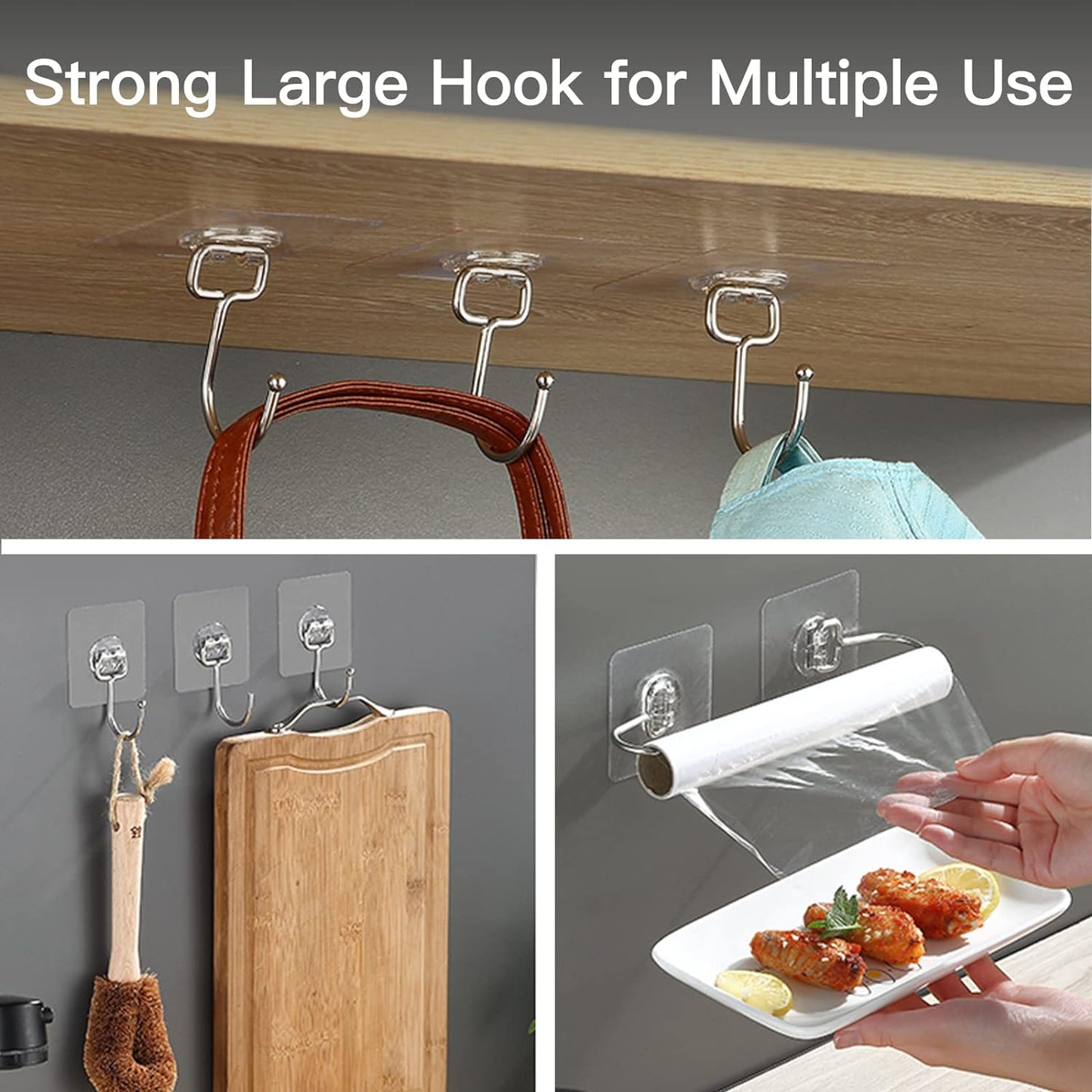 Heavy-Duty Large Adhesive Hooks - 10 Pack, 44 lb Max Capacity, Traceless Clear Removable Wall Hooks, Waterproof, Rustproof