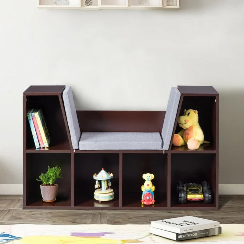 6-Cubby Children's Storage Bookcase with Integrated Cushioned Reading Nook
