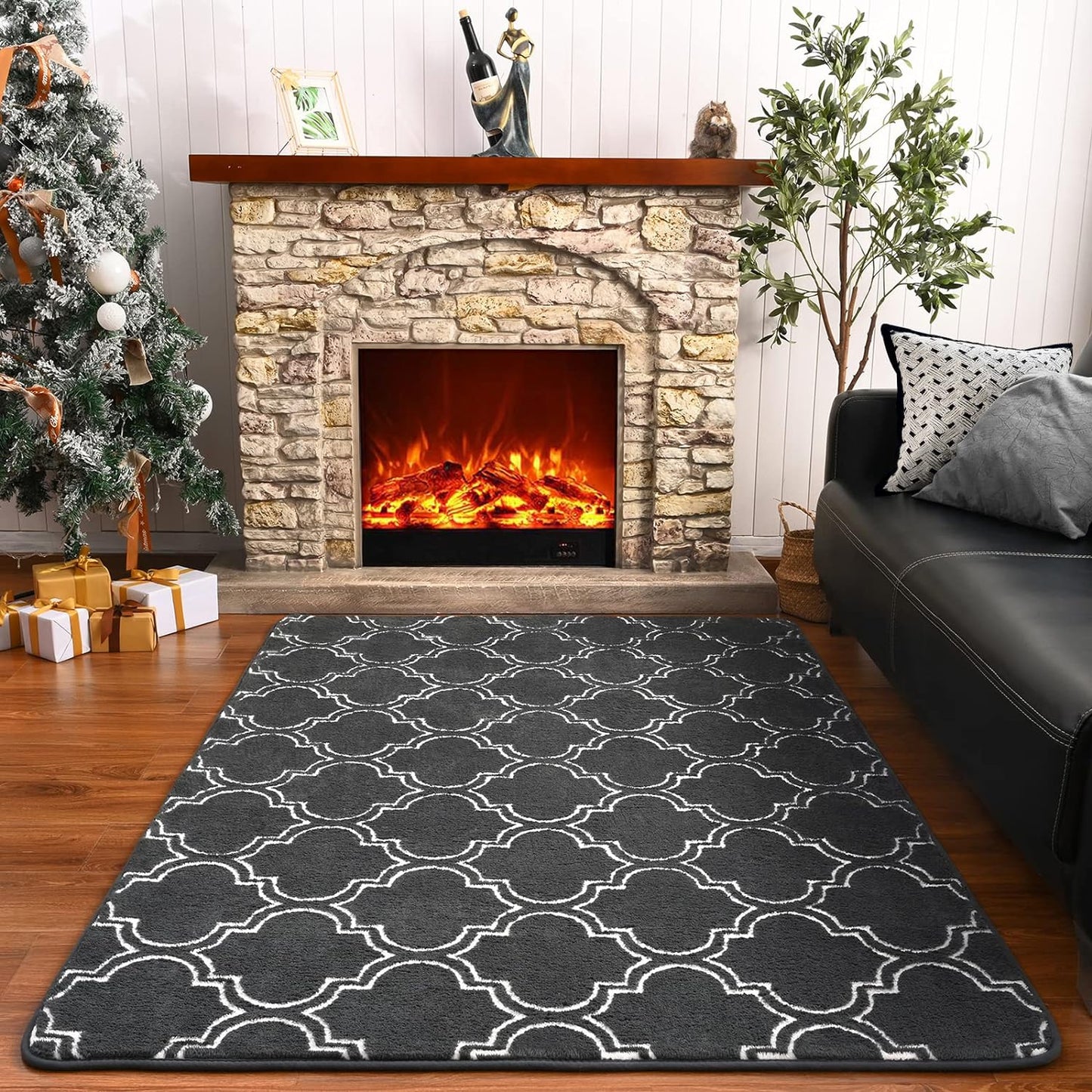 Shag Area Rug, 4' x 6' Soft Trellis Design for Bedroom and Living Room, Memory Foam Indoor Carpet, Gray/White