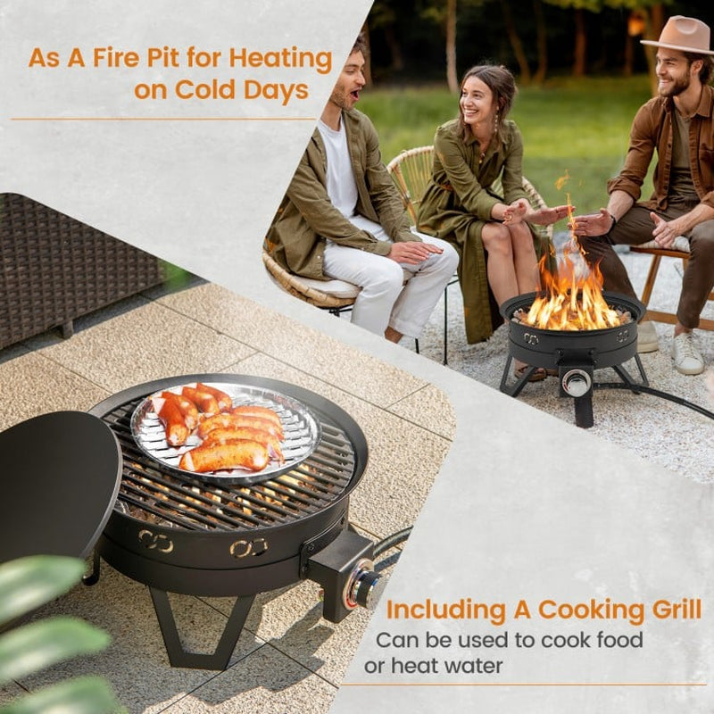 17-Inch Portable Gas Fire Pit with Collapsible Legs and Detachable Grill for Outdoor Camping