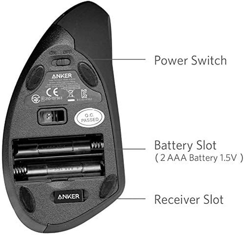 Wireless Vertical Ergonomic Optical Mouse - 2.4G, Adjustable DPI (800/1200/1600), 5 Buttons, Compatible with Laptop, Desktop - Black