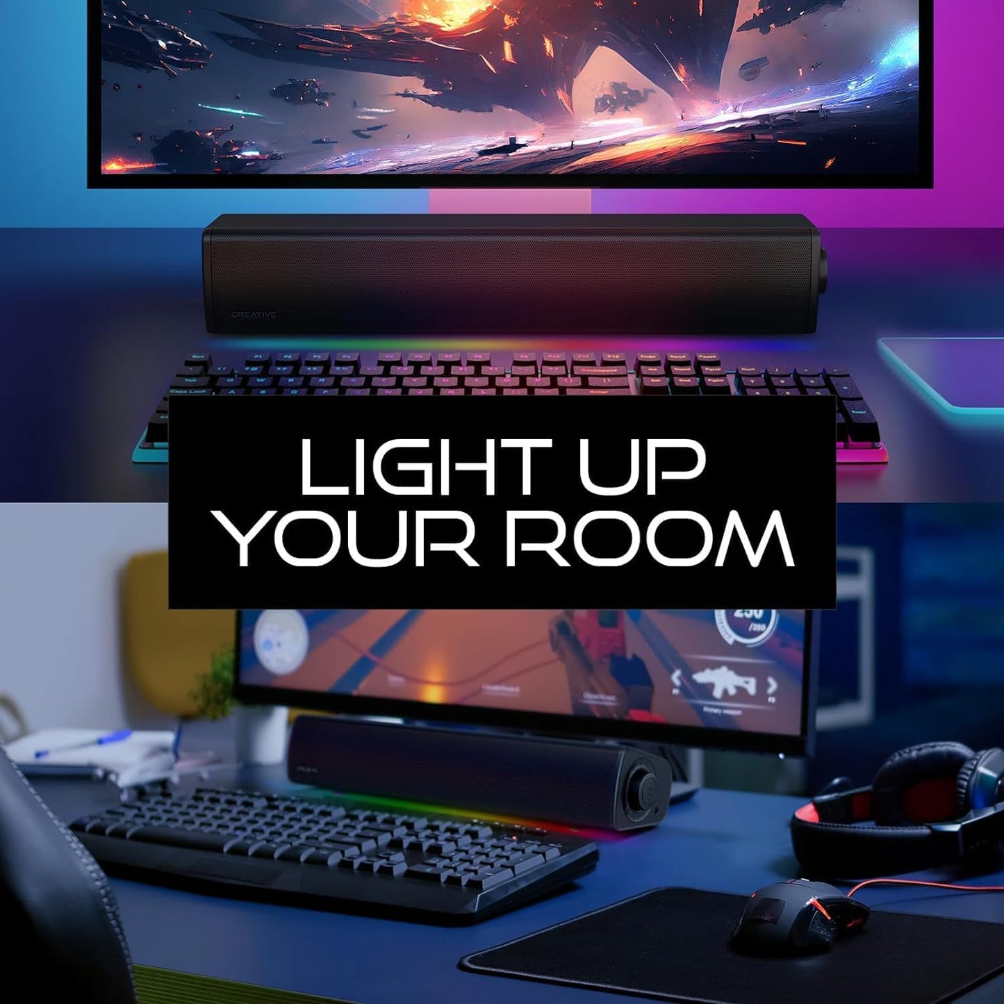 Compact RGB Gaming Soundbar with Superwide Technology, USB-Powered, Bluetooth 5.4, and Headphone-Out Port for PC and Mac