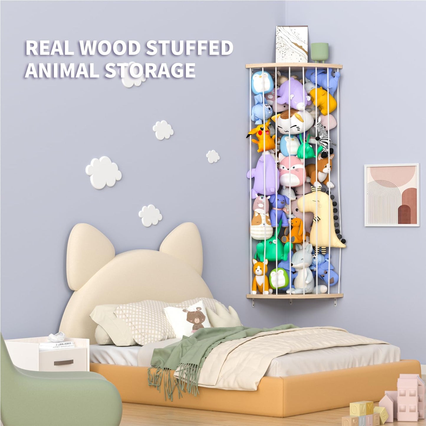Wooden Stuffed Animal Storage Shelf with Adjustable Length - Large Corner Organizer for Plush Toys, Featuring Moon Zoo Pattern