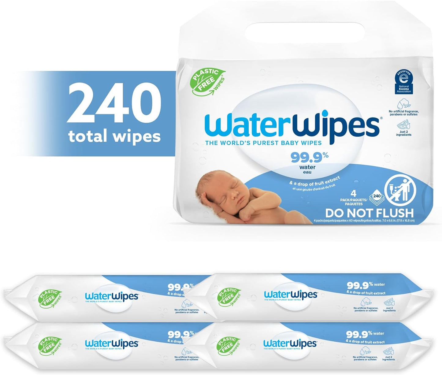 Plastic-Free Original Baby Wipes, 99.9% Water Based Wipes, Unscented -Sensitive Skin, 240 Count (4 Packs)