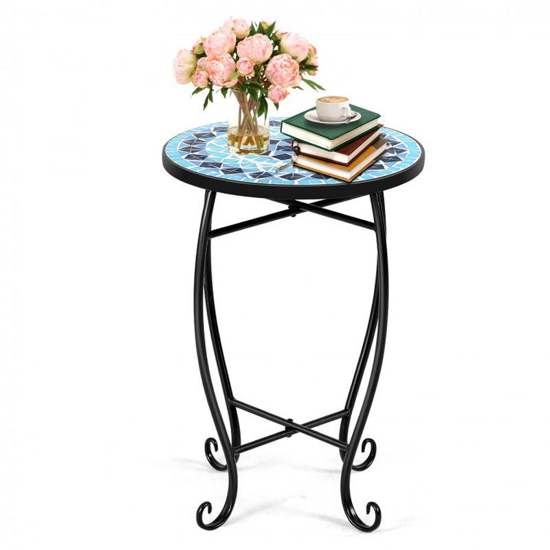 14-Inch Mosaic Round Side Table and Plant Stand for Patio, Lawn, and Garden