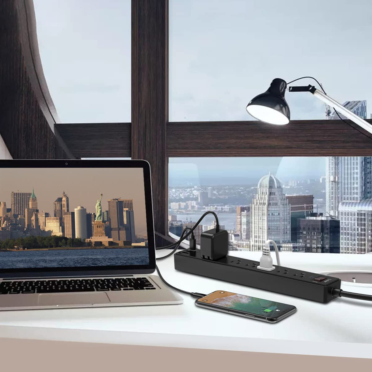 6-Foot Power Strip Surge Protector with 6 AC Outlets and 3 USB Ports (1 USB-C), 1680 Joules, ETL Listed, Black