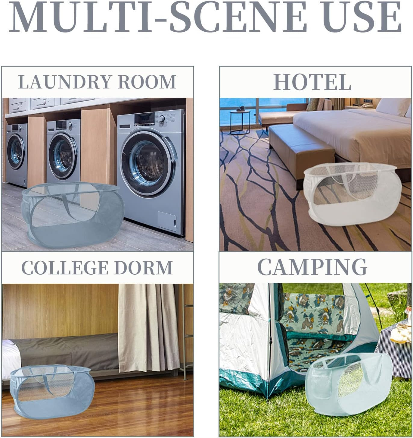 Reinforced Collapsible Laundry Baskets, 3Pcs High-Strength Mesh Pop up Laundry Hamper, Foldable Clothes Hamper with Handles and Side Pocket for Laundry Room Dorm, Horizontal
