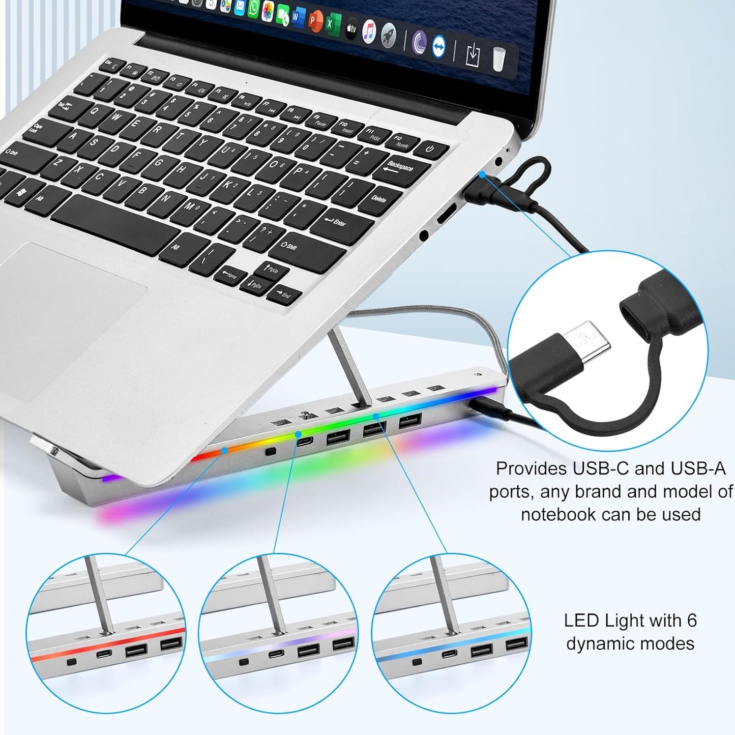Laptop Stand with Usb、Type C and RGB Lights, Aluminum Adjustable Foldable Laptop Stand for Desk, Ergonomic Portable Laptop Riser Holder