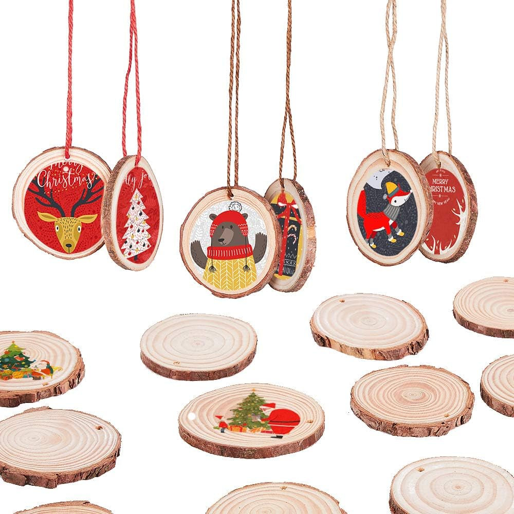 Natural Wood Slices - 50 Unfinished Predrilled Discs (2''-2.4'') with Twine for DIY Crafting, Wedding Decor, and Christmas Ornaments