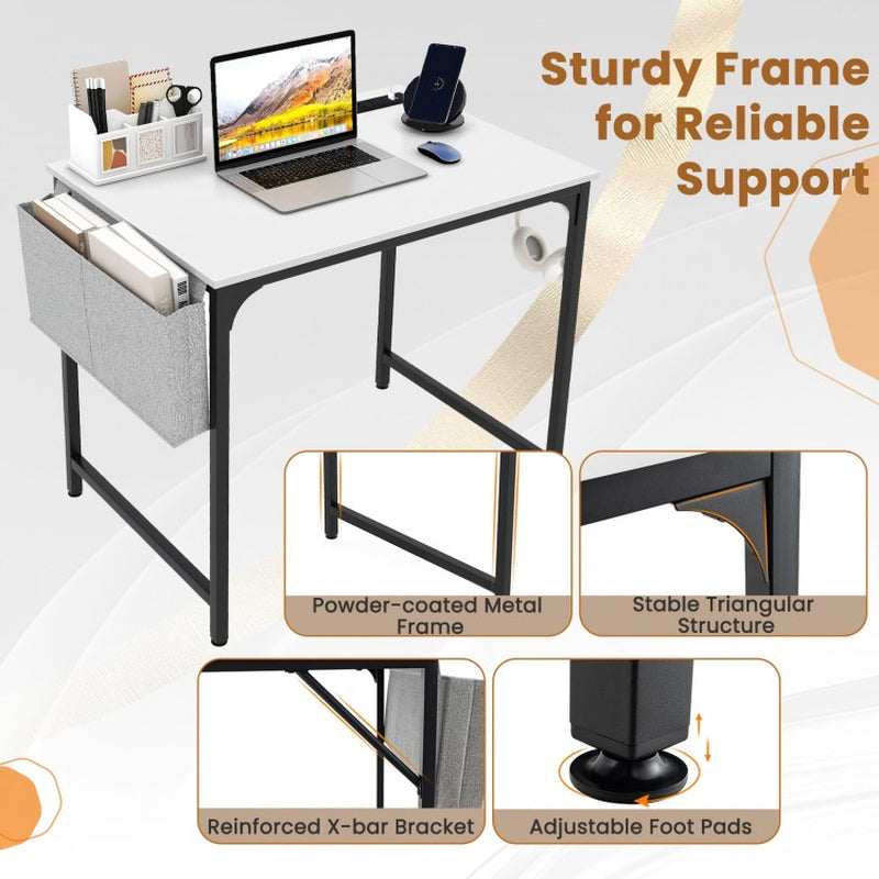 32-Inch Home Office Desk with Integrated Charging Station, Storage Bag, and Headphone Hook