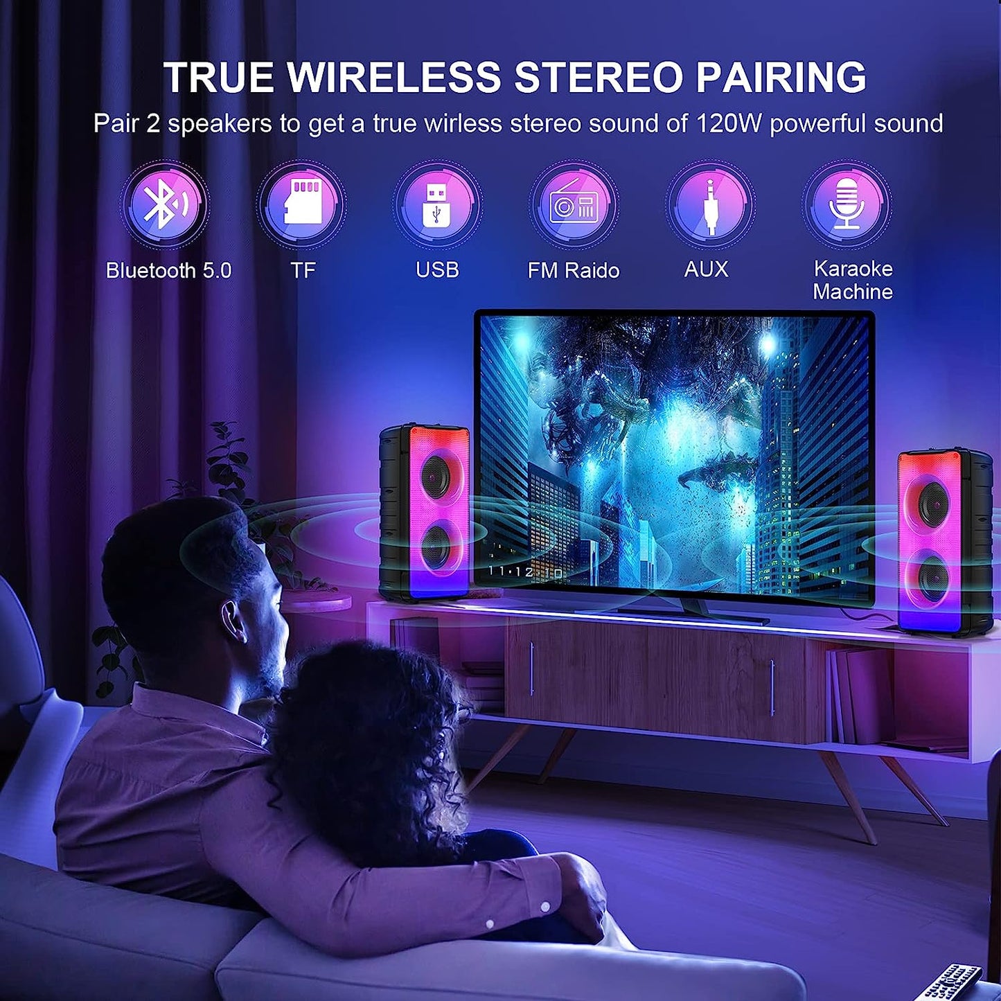Portable 60W Bluetooth Speakers with Rich Bass, FM Radio, Colorful Lights, TWS Pairing, and 10000mAh Battery