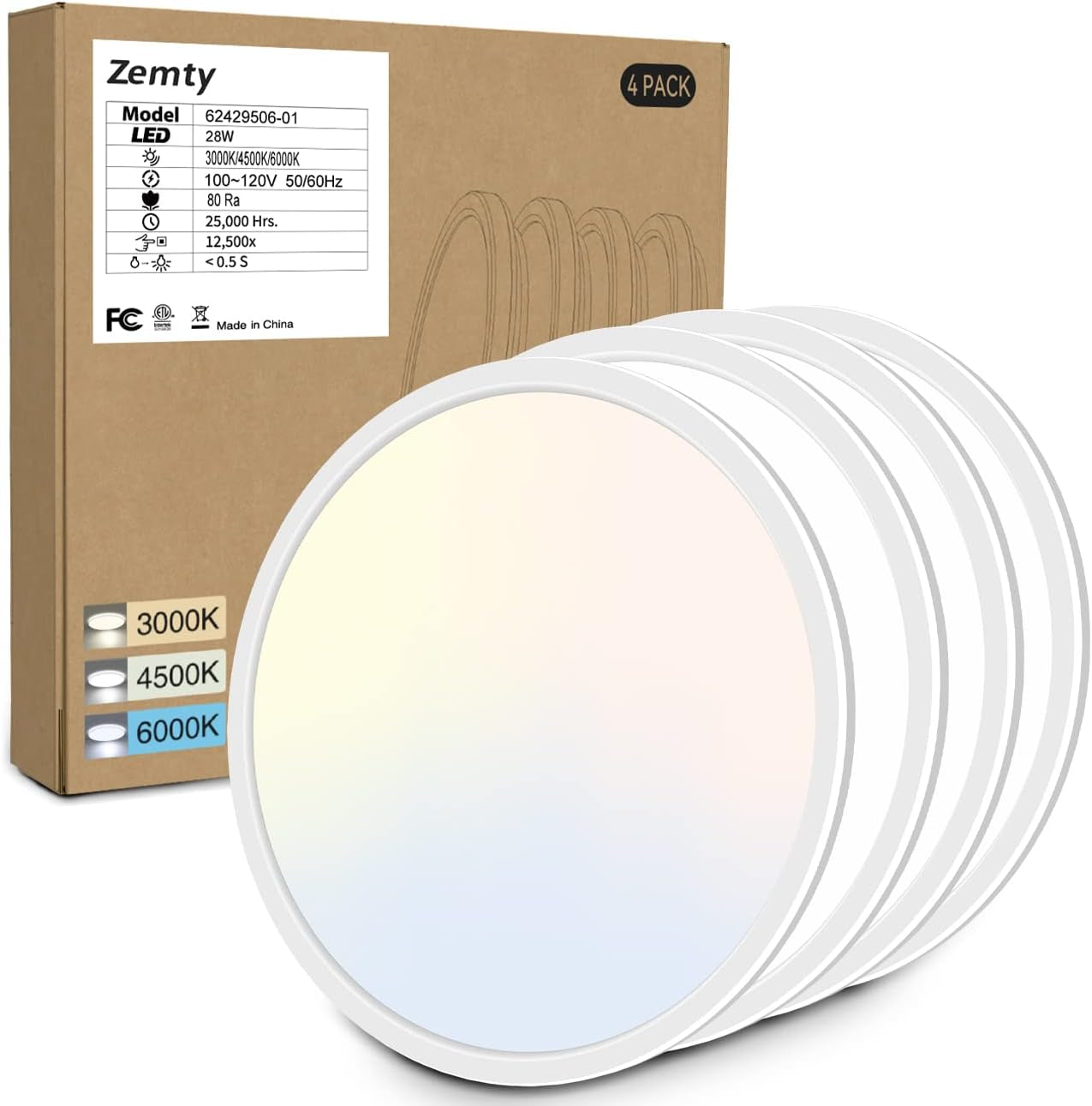 12-Inch LED Flush Mount Ceiling Light Fixture, 28W 3200Lm Adjustable Color Temperature (3000K/4500K/6000K) for Bedroom, Kitchen, and Dining Room (White)