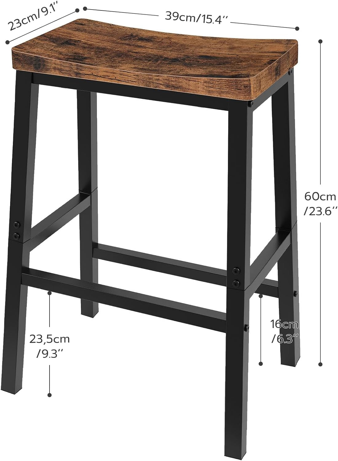 Set of 2 Industrial Saddle Bar Stools with Footrests in Rustic Brown and Black for Dining Room and Kitchen
