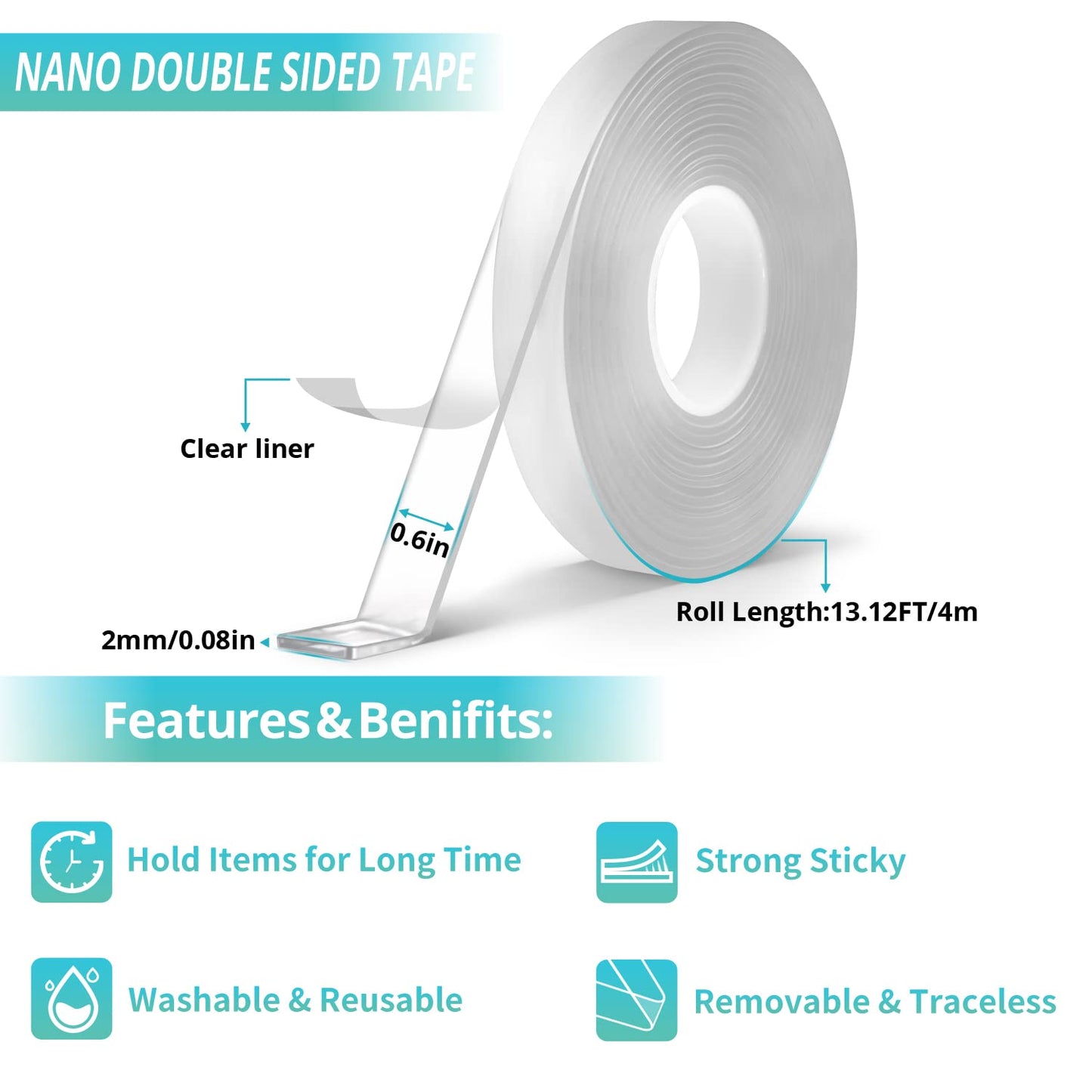 Heavy Duty Double-Sided Nano Tape - 13.12 Ft, 0.08 In Thick, Strong Adhesive, Removable & Traceless, Reusable Transparent Tape for Multipurpose Use
