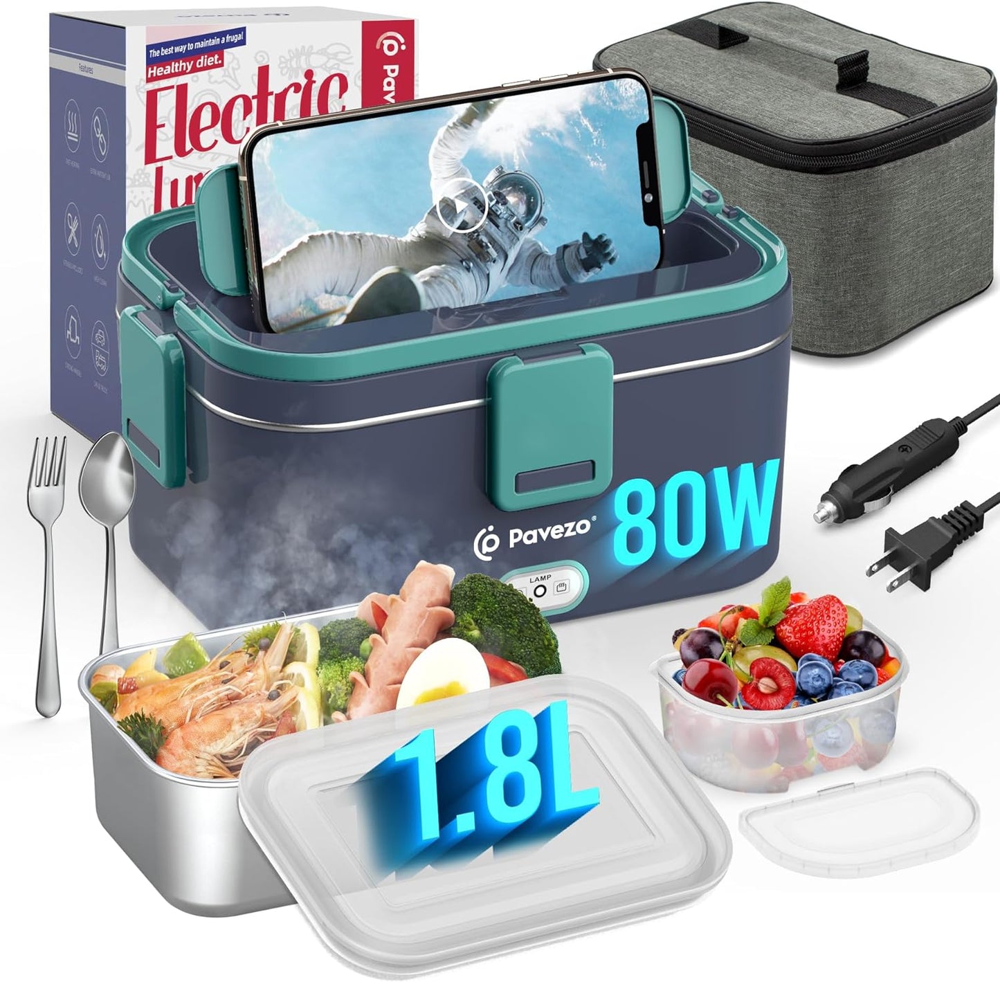 Electric Lunch Box - 80W Fast Heating, 1.8L Capacity, Multi-Voltage Food Warmer with Airtight Lid, Stainless Steel Container, Utensils, Carry Bag