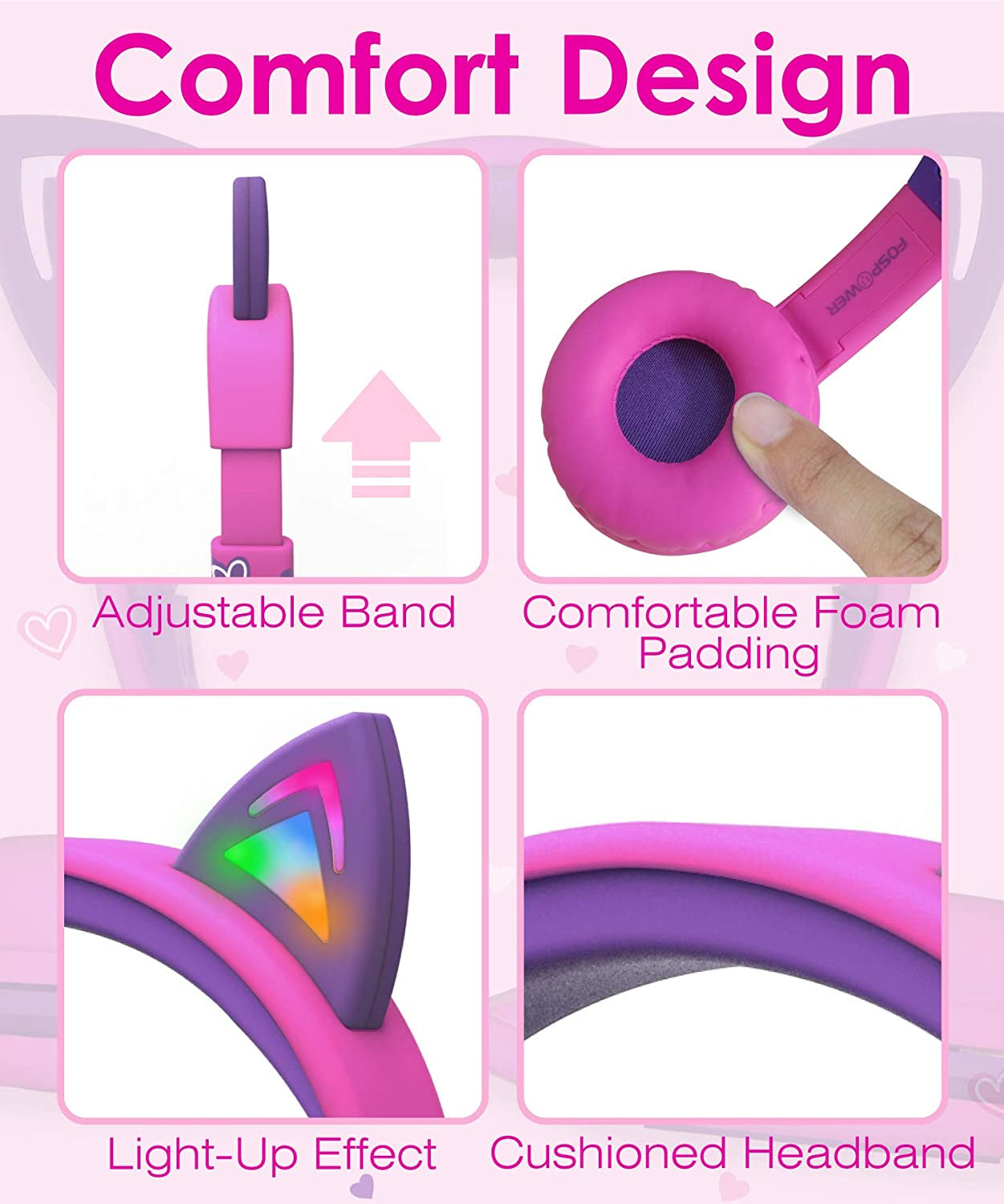 Children's Wired Headphones with LED Cat Ears and Safe Volume Limit (85 dB) - Tangle-Free 3.5mm On-Ear Design for School and Travel - Hot Pink/Purple